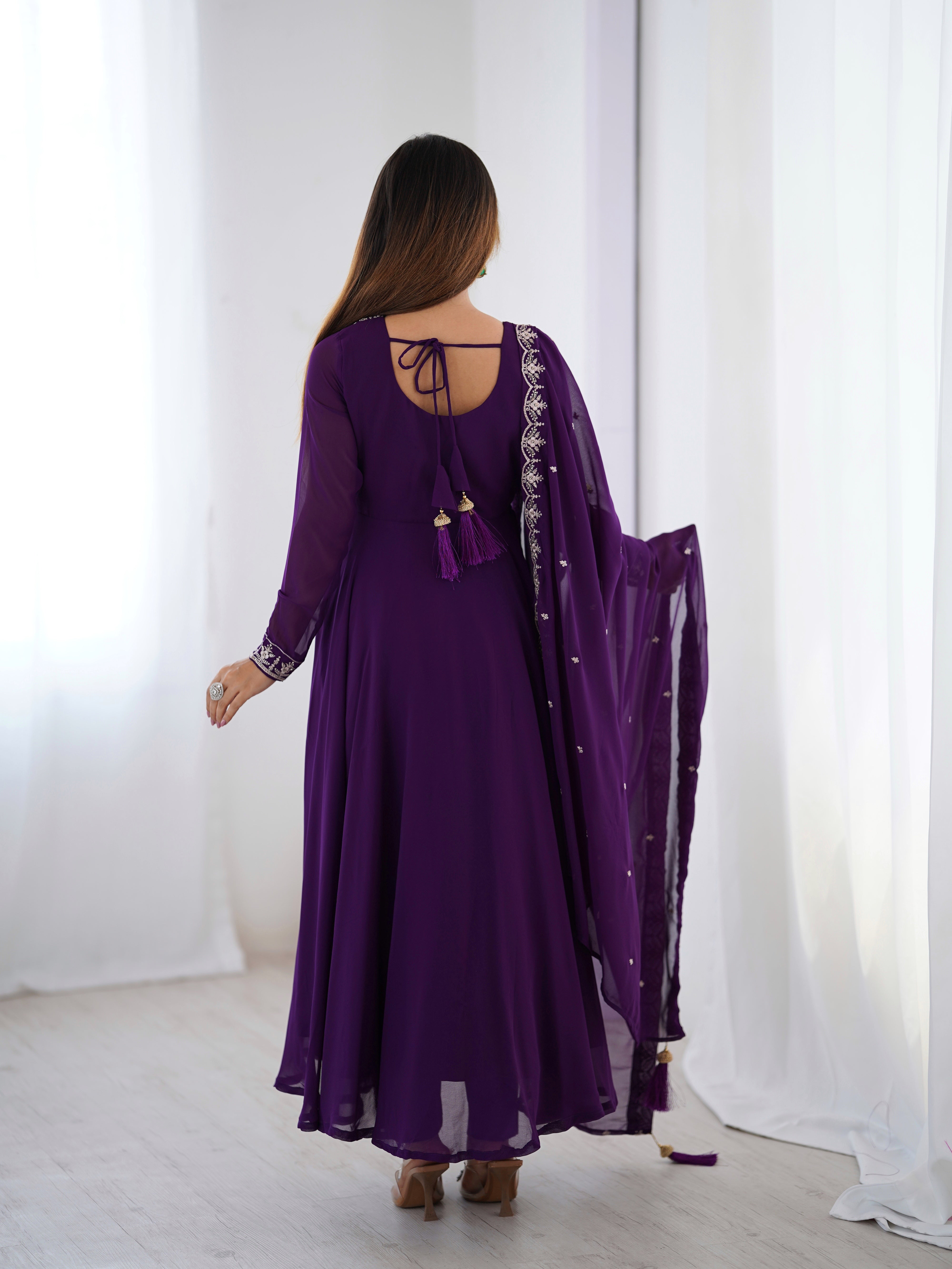 Pure Soft Faux Georgette Fully Flaired Anarkali Suit Comes With Duppatta & Pant - PURPLE
