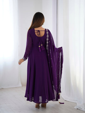 Pure Soft Faux Georgette Fully Flaired Anarkali Suit Comes With Duppatta & Pant - PURPLE
