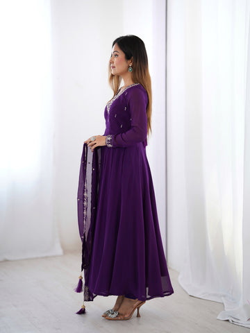 Pure Soft Faux Georgette Fully Flaired Anarkali Suit Comes With Duppatta & Pant - PURPLE
