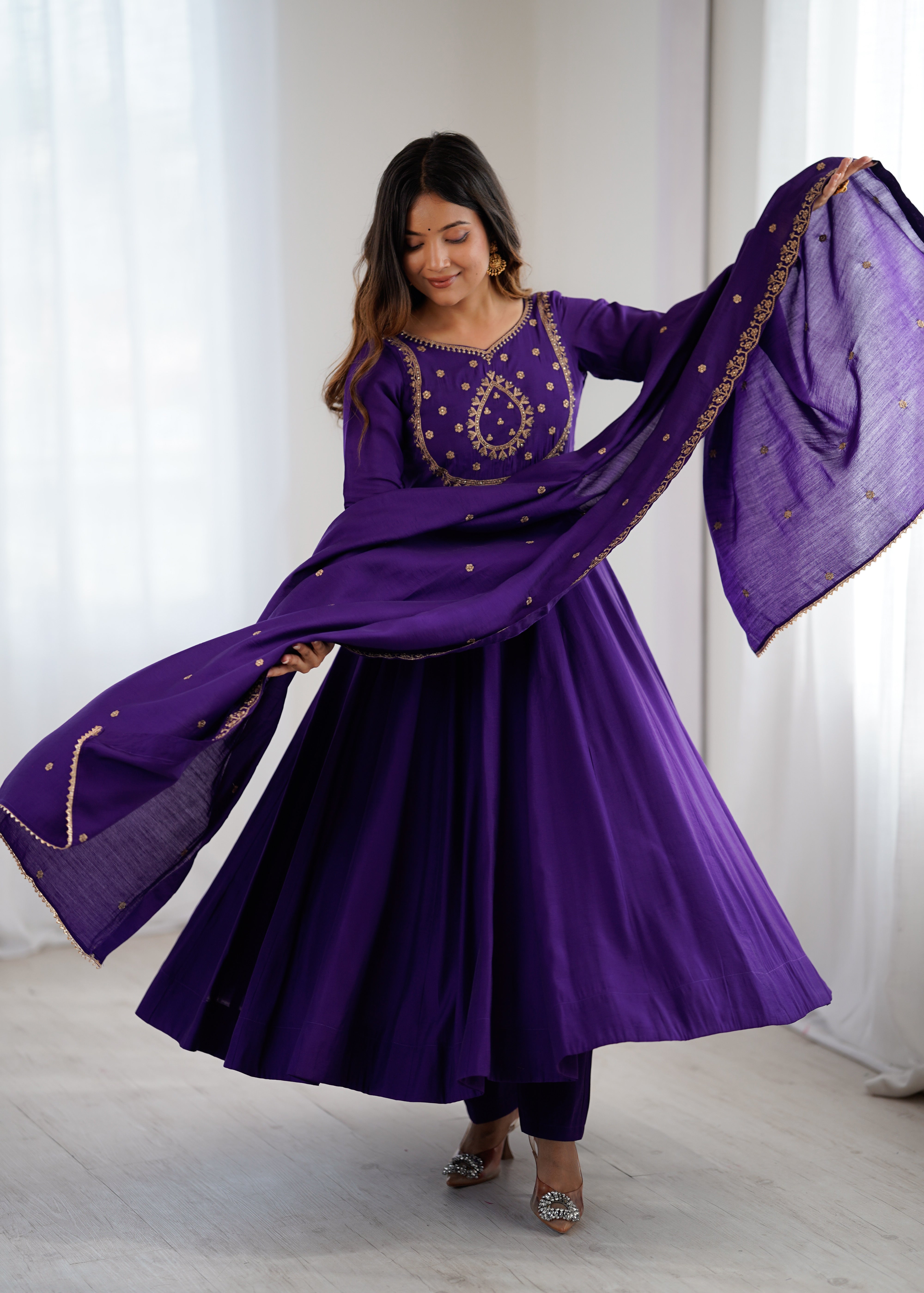 Purple Premium Pure Roman Chanderi Silk Fully Flared Anarkali Set
