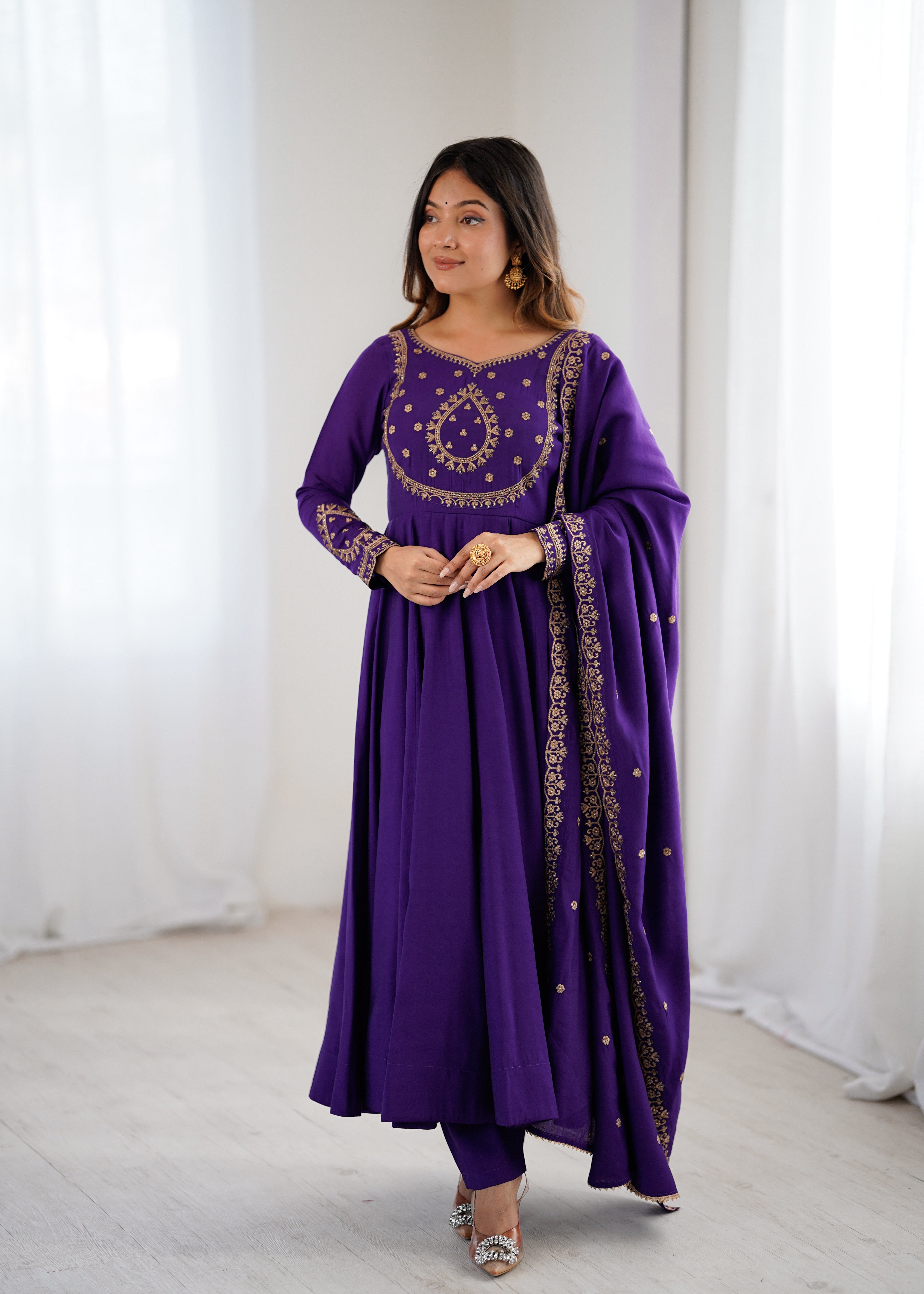 Purple Premium Pure Roman Chanderi Silk Fully Flared Anarkali Set