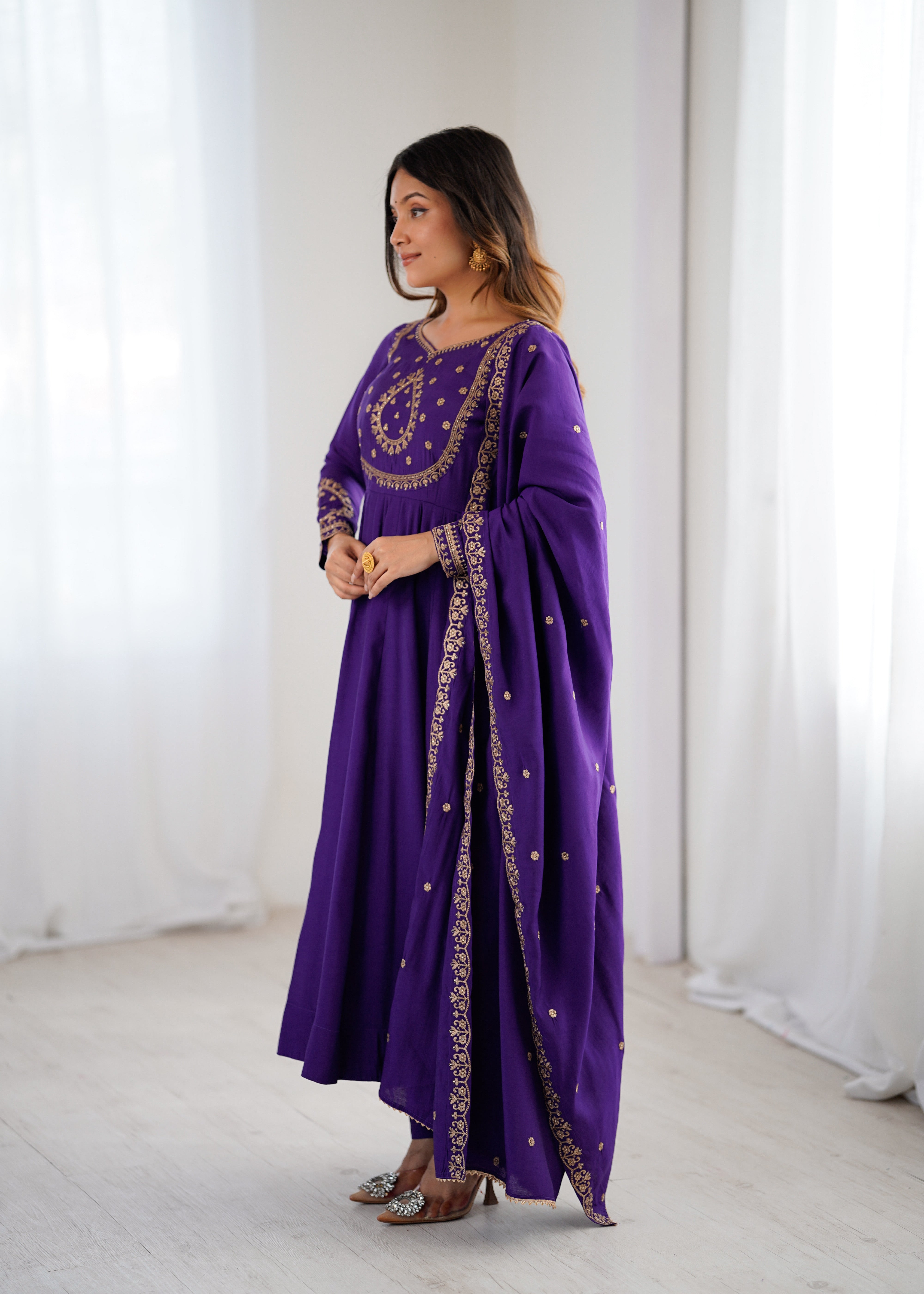 Purple Premium Pure Roman Chanderi Silk Fully Flared Anarkali Set