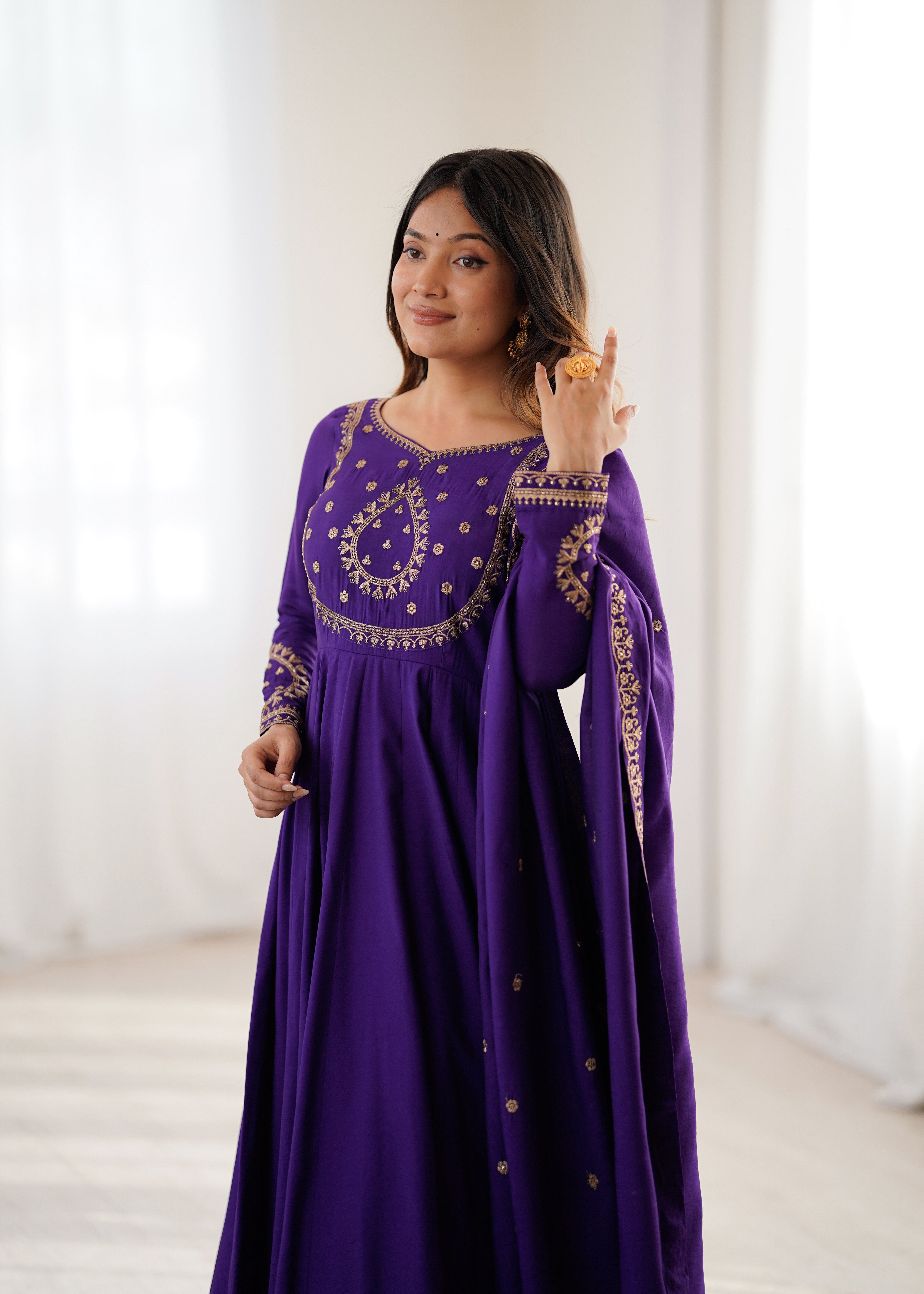 Purple Premium Pure Roman Chanderi Silk Fully Flared Anarkali Set
