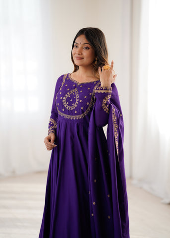 Purple Premium Pure Roman Chanderi Silk Fully Flared Anarkali Set