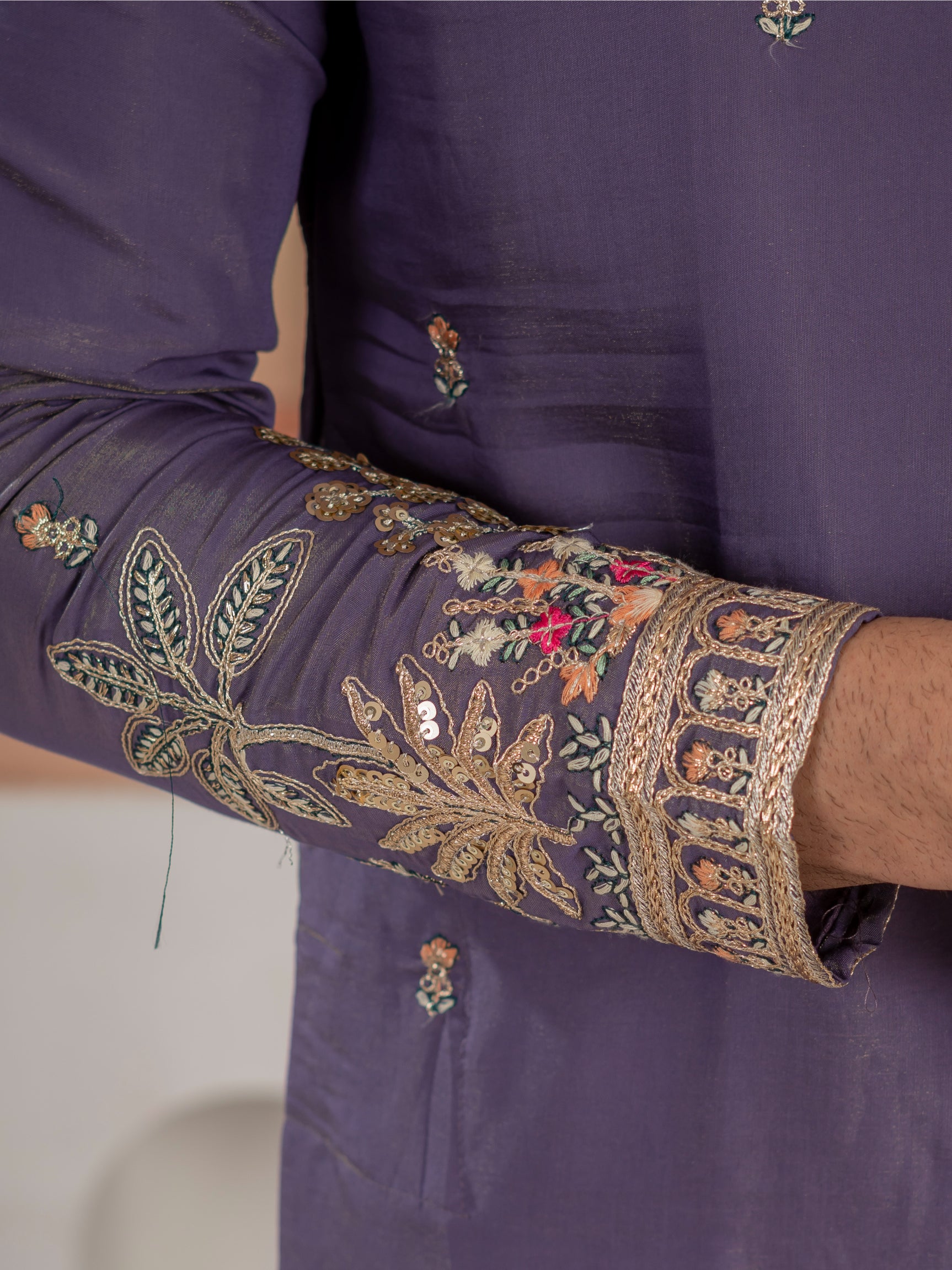 Festive Special Purple Roman Shimmer Embroidery Work Kurta Set
