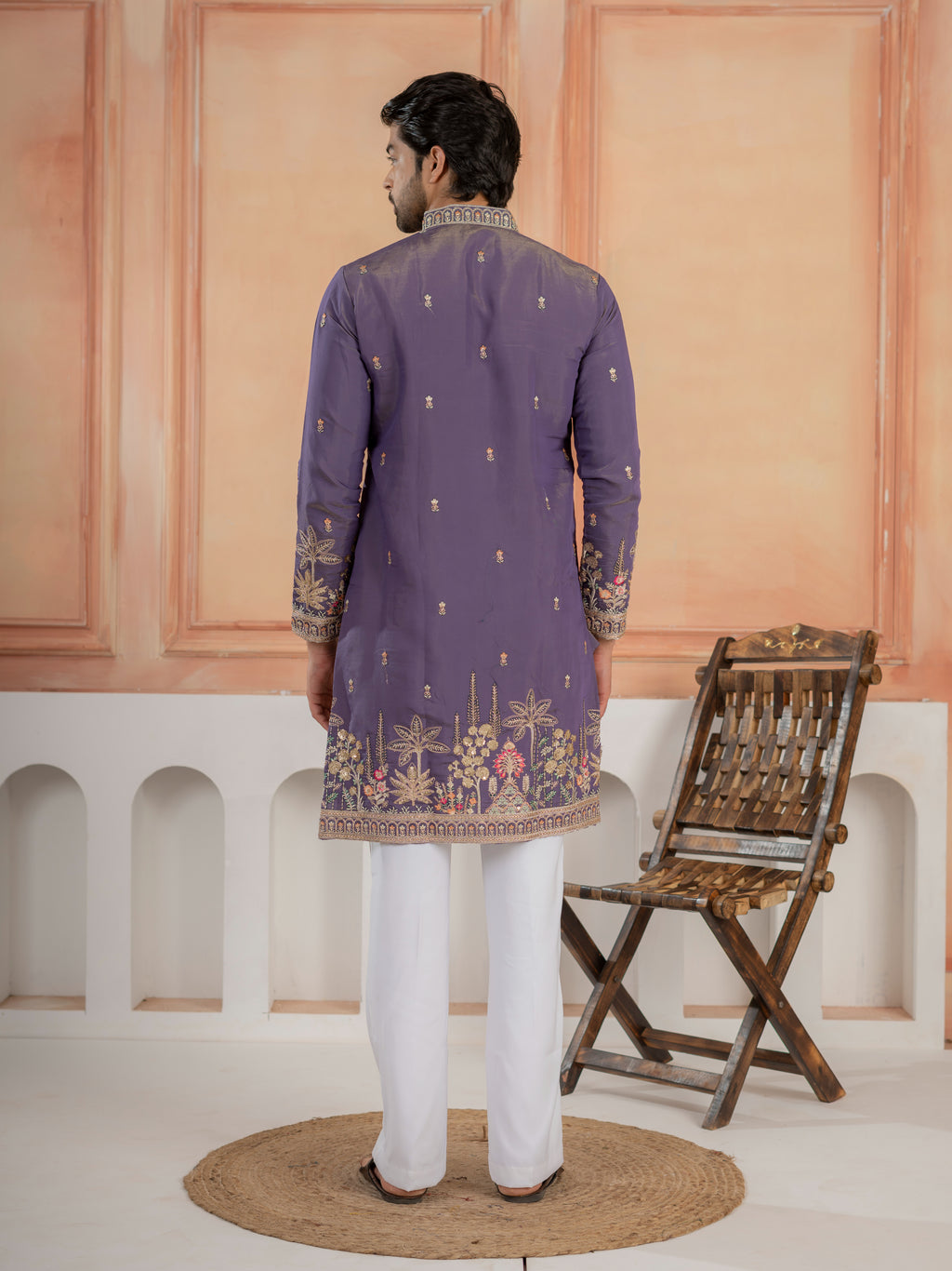 Festive Special Purple Roman Shimmer Embroidery Work Kurta Set