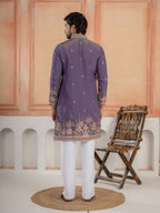 Festive Special Purple Roman Shimmer Embroidery Work Kurta Set