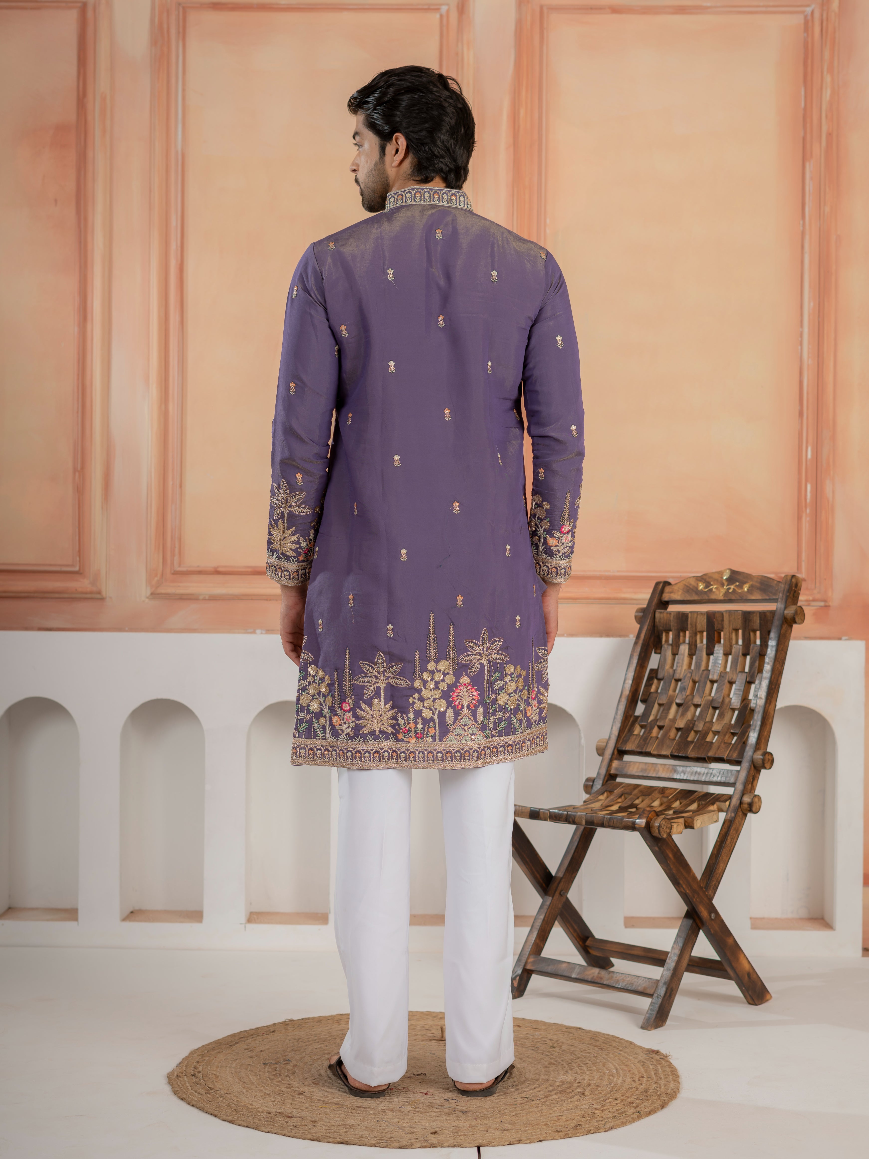 Festive Special Purple Roman Shimmer Embroidery Work Kurta Set