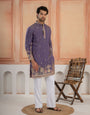 Festive Special Purple Roman Shimmer Embroidery Work Kurta Set