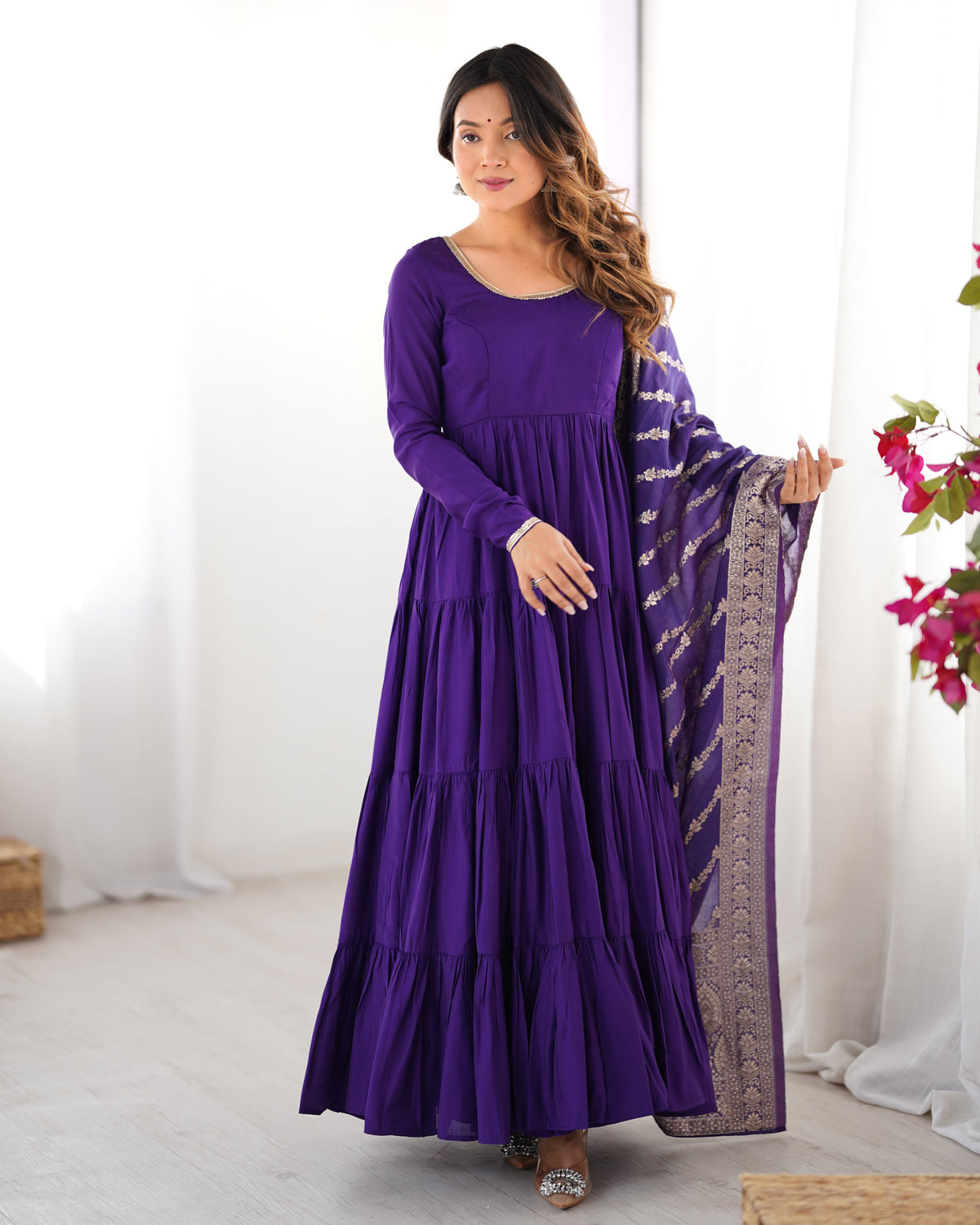 Pure Roman Silk Chanderi Fabric Fully Flared Anarkali Suit With Pent and Dupatta Set - Purple