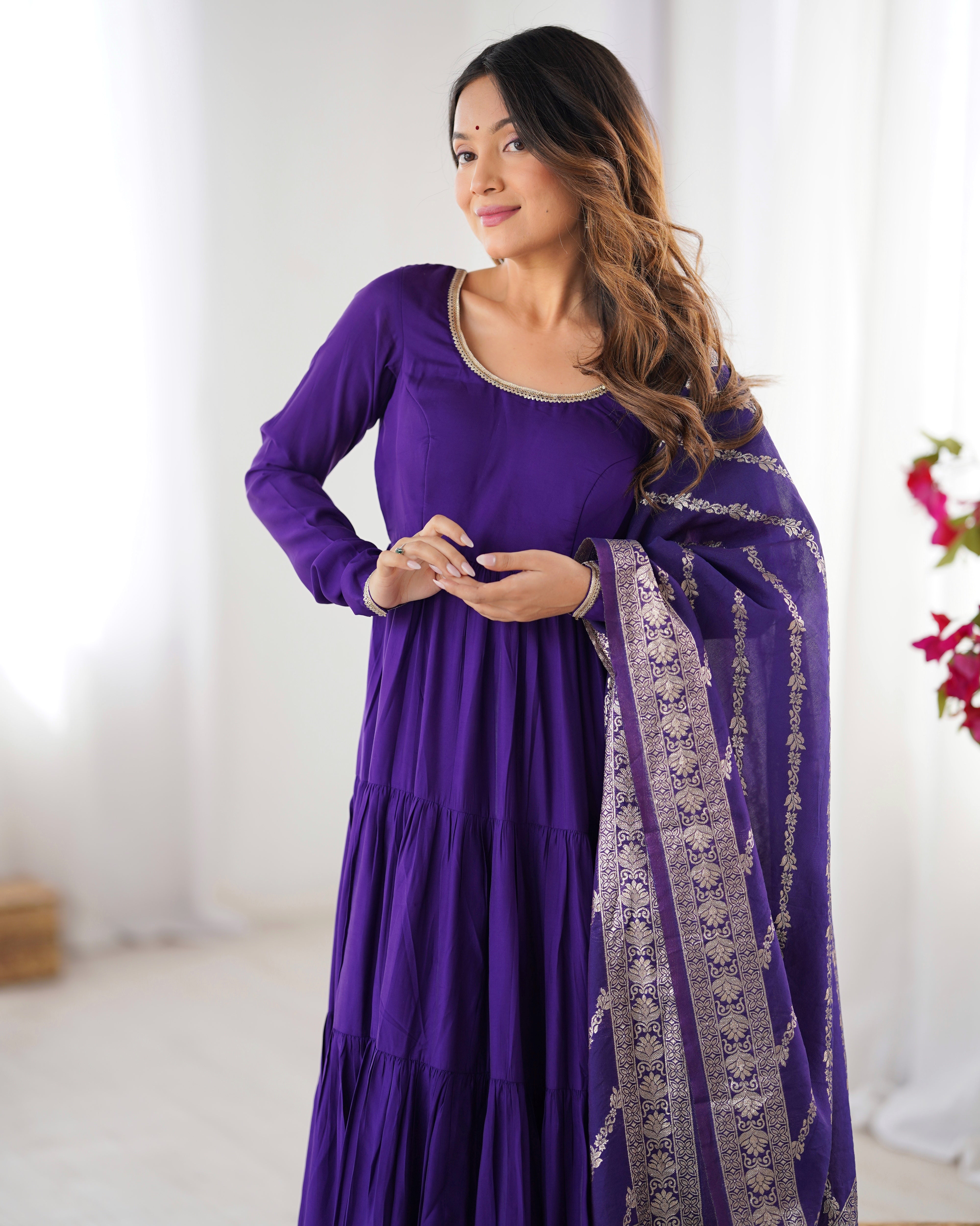 Pure Roman Silk Chanderi Fabric Fully Flared Anarkali Suit With Pent and Dupatta Set - Purple