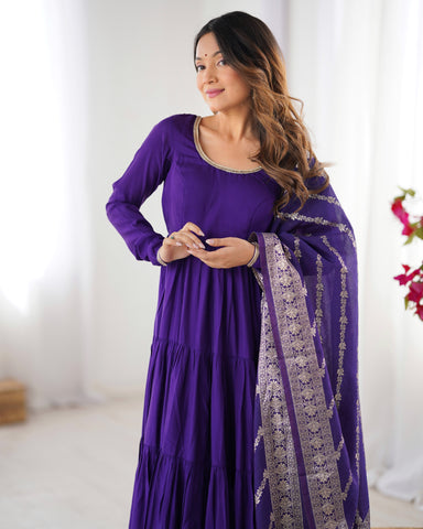 Pure Roman Silk Chanderi Fabric Fully Flared Anarkali Suit With Pent and Dupatta Set - Purple