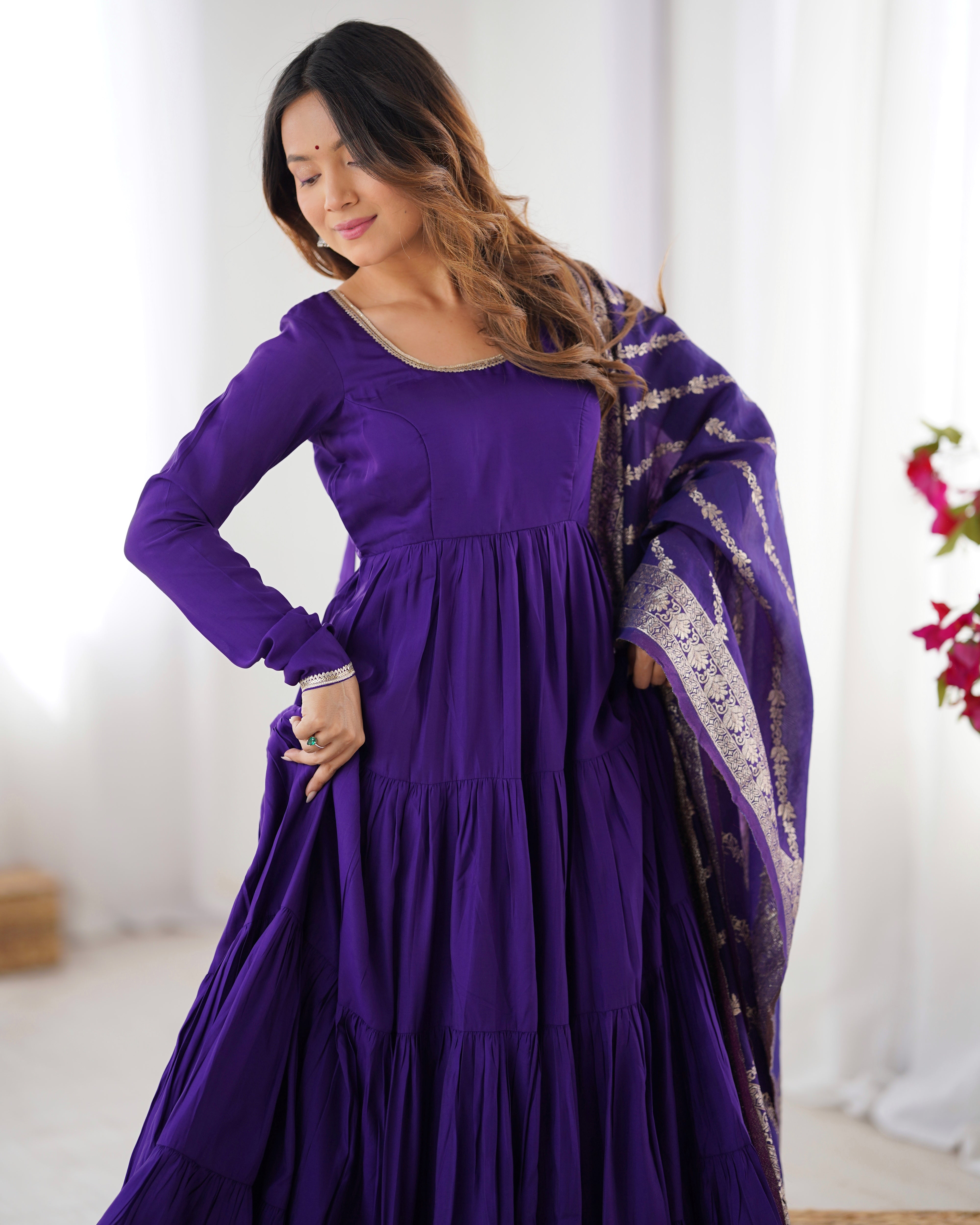 Pure Roman Silk Chanderi Fabric Fully Flared Anarkali Suit With Pent and Dupatta Set - Purple