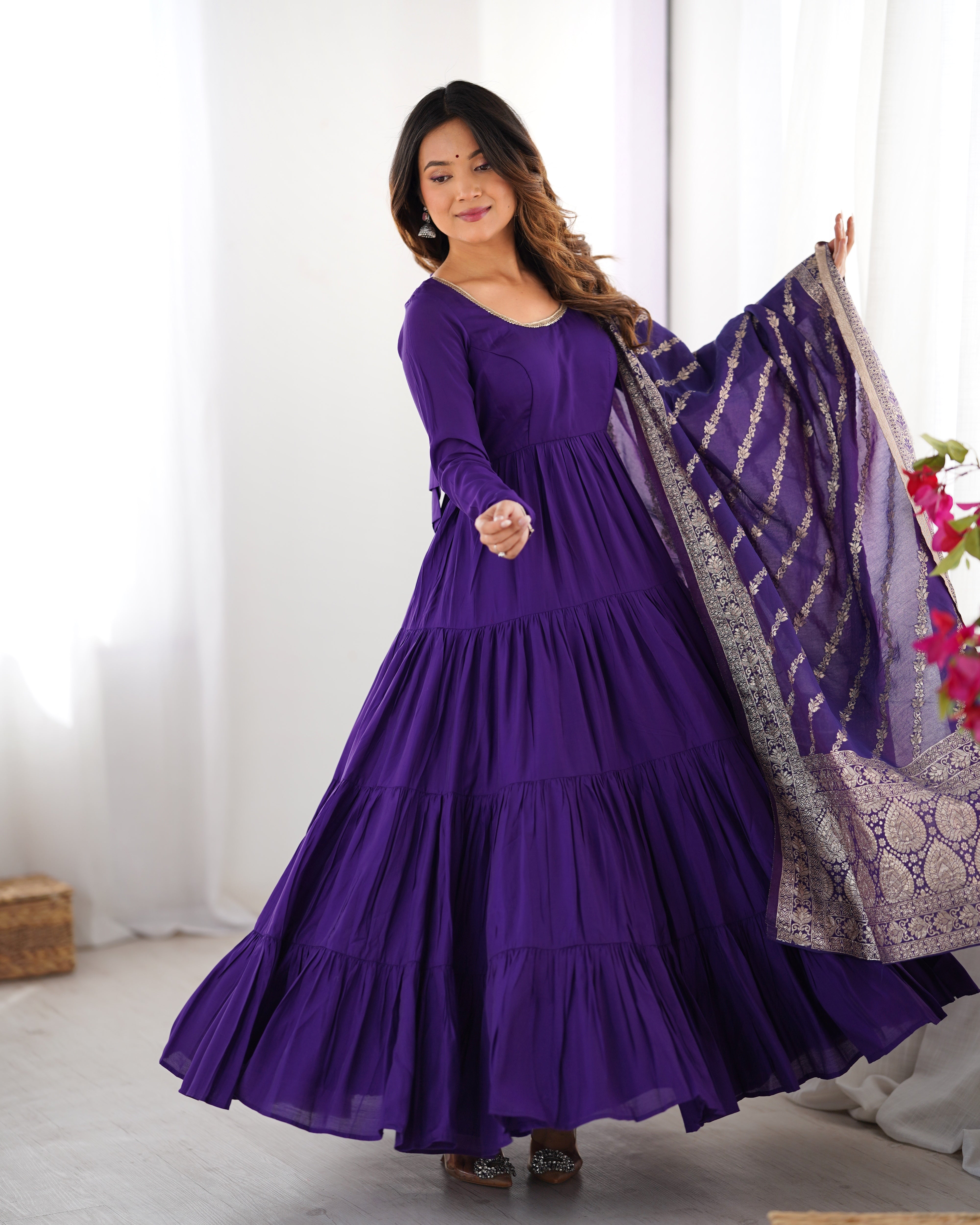 Pure Roman Silk Chanderi Fabric Fully Flared Anarkali Suit With Pent and Dupatta Set - Purple
