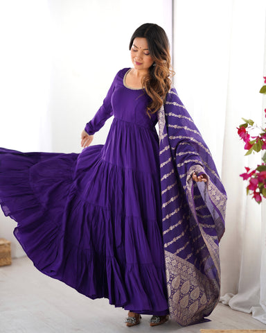 Pure Roman Silk Chanderi Fabric Fully Flared Anarkali Suit With Pent and Dupatta Set - Purple