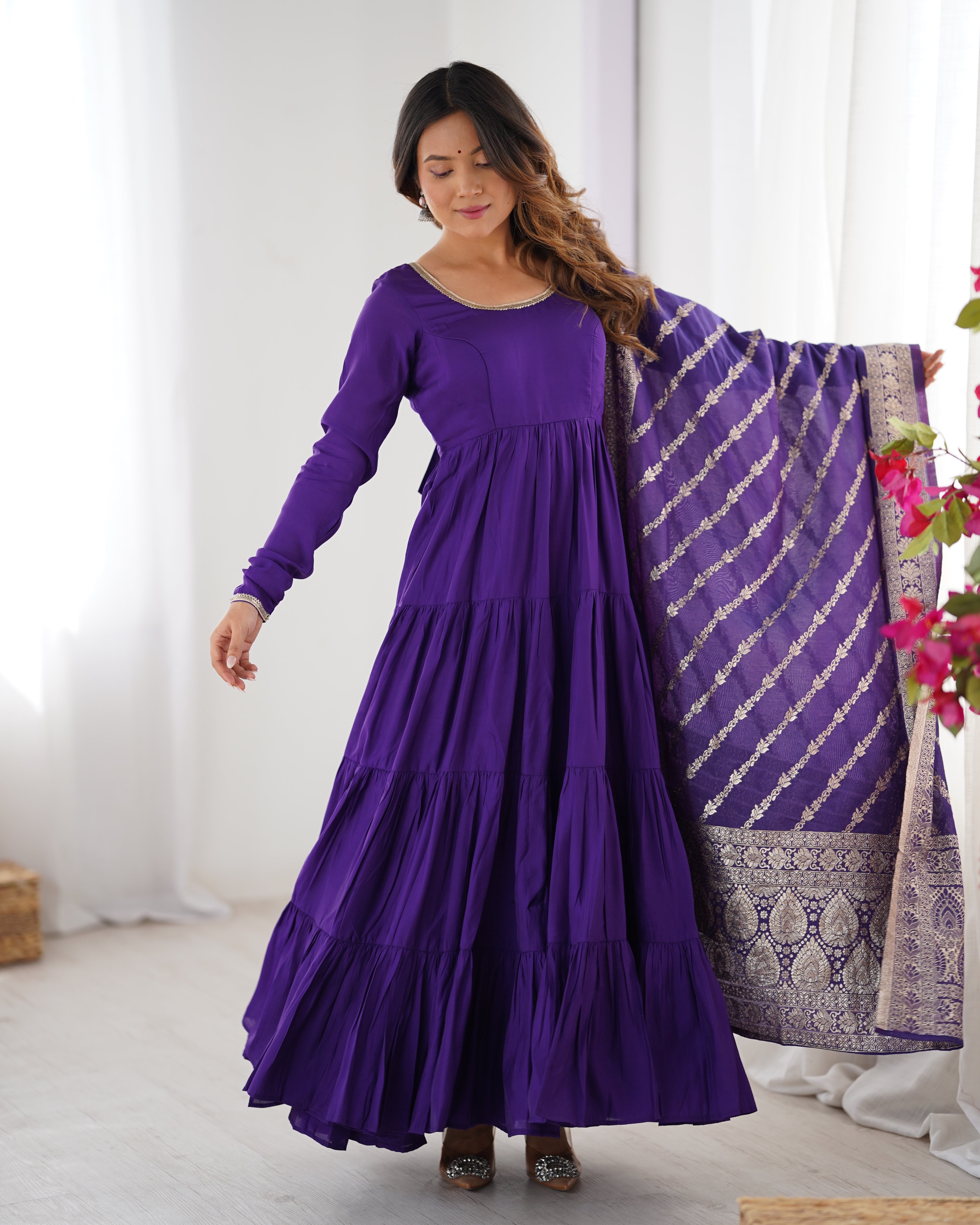 Pure Roman Silk Chanderi Fabric Fully Flared Anarkali Suit With Pent and Dupatta Set - Purple