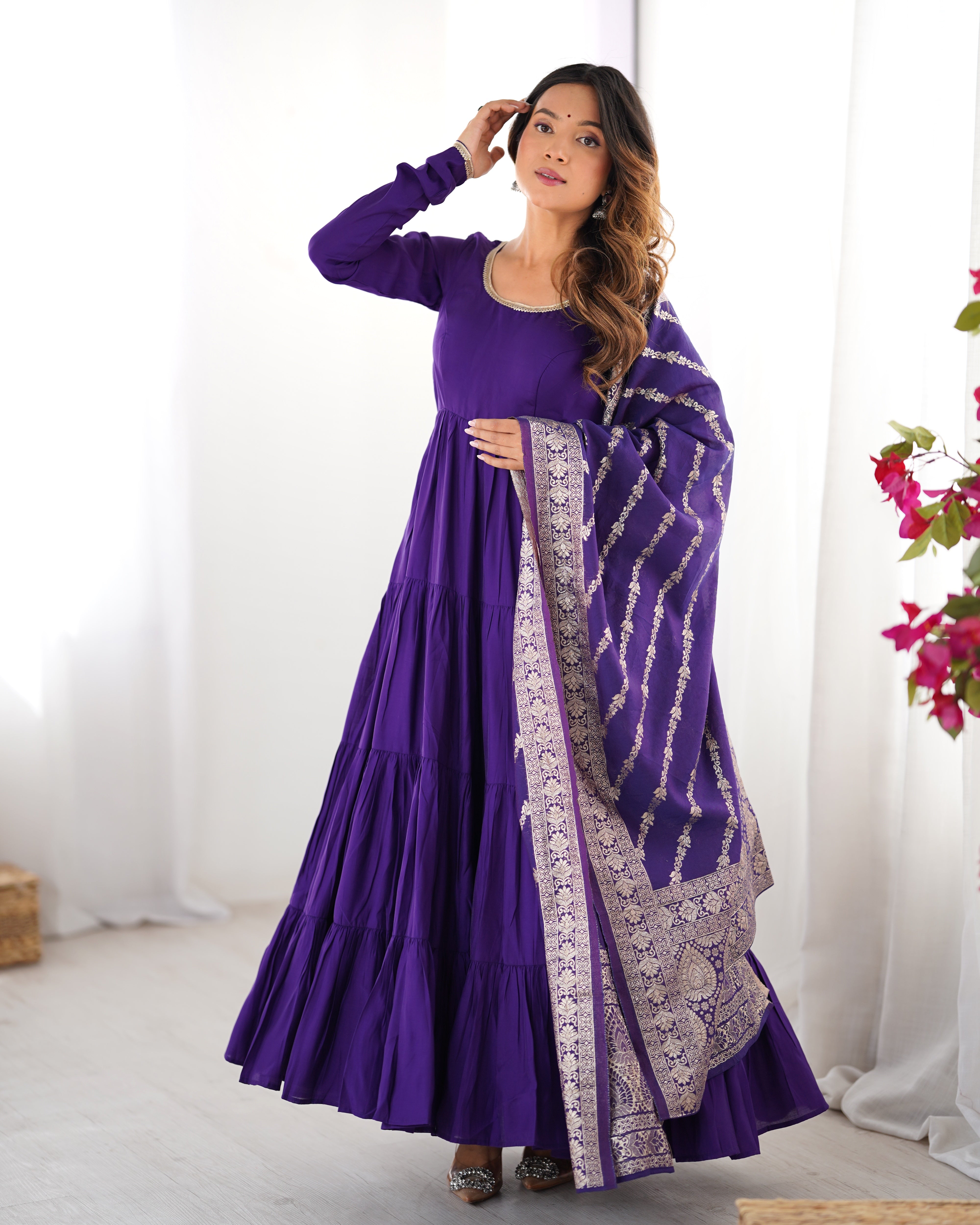 Pure Roman Silk Chanderi Fabric Fully Flared Anarkali Suit With Pent and Dupatta Set - Purple