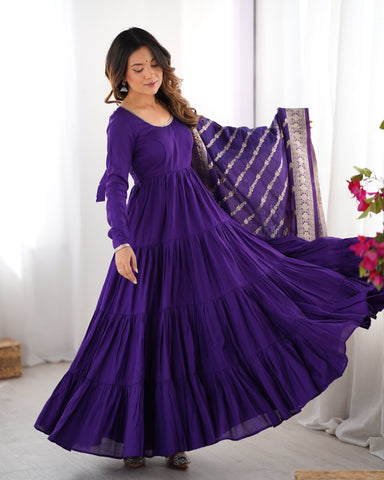 Pure Roman Silk Chanderi Fabric Fully Flared Anarkali Suit With Pent and Dupatta Set - Purple