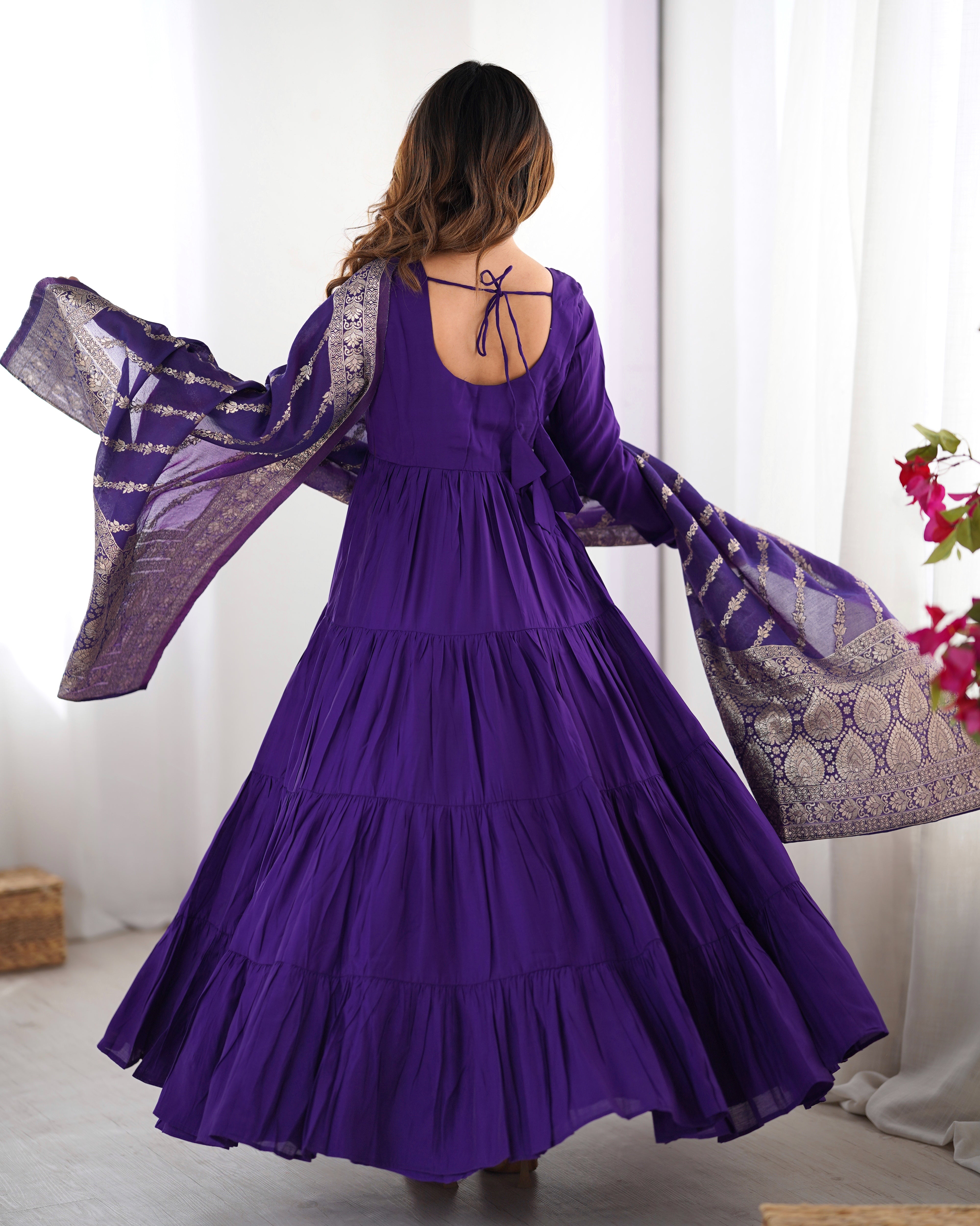 Pure Roman Silk Chanderi Fabric Fully Flared Anarkali Suit With Pent and Dupatta Set - Purple
