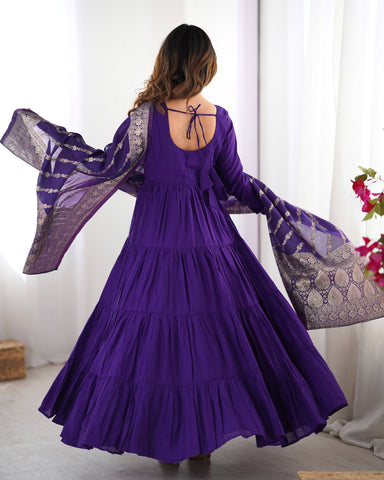 Pure Roman Silk Chanderi Fabric Fully Flared Anarkali Suit With Pent and Dupatta Set - Purple
