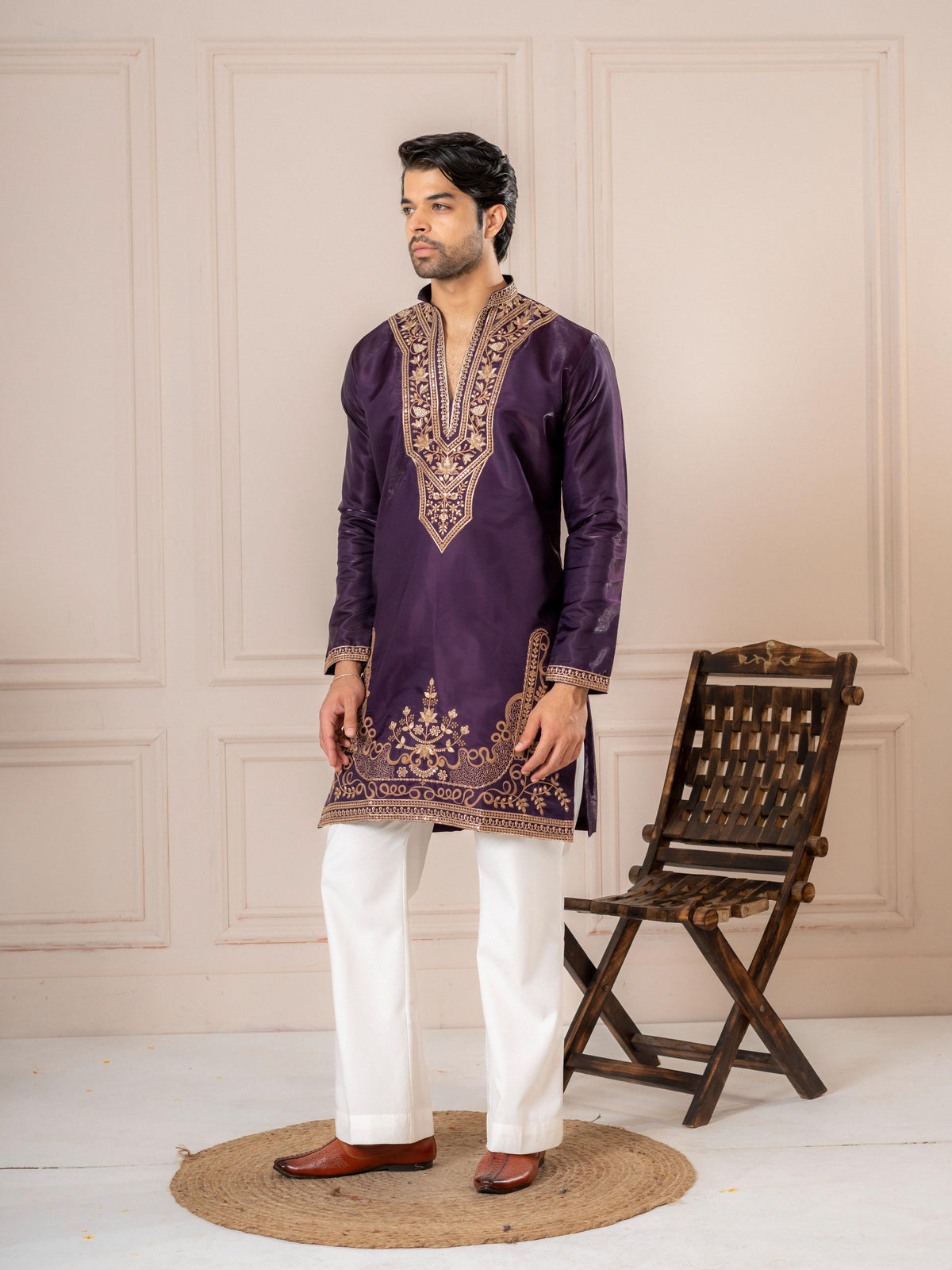 Purple Roman Silk Embroidered Kurta Set | Tulip Designer
