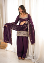 Luxury Purple Glass Roman Silk Front Yoke Embroidered Farshi Shalwar Collection
