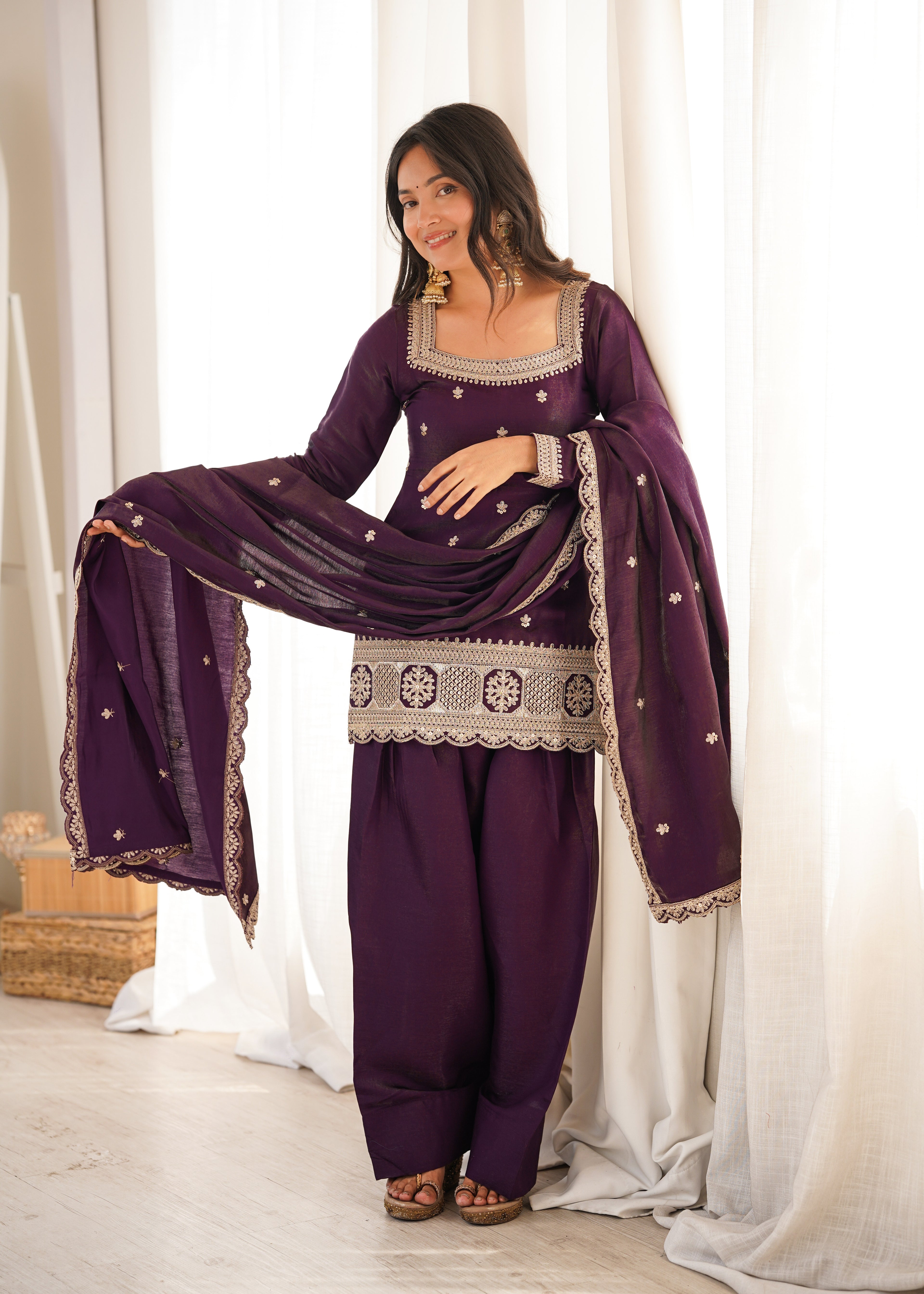 Luxury Purple Glass Roman Silk Front Yoke Embroidered Farshi Shalwar Collection
