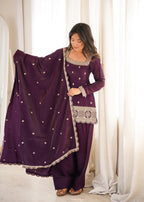 Luxury Purple Glass Roman Silk Front Yoke Embroidered Farshi Shalwar Collection
