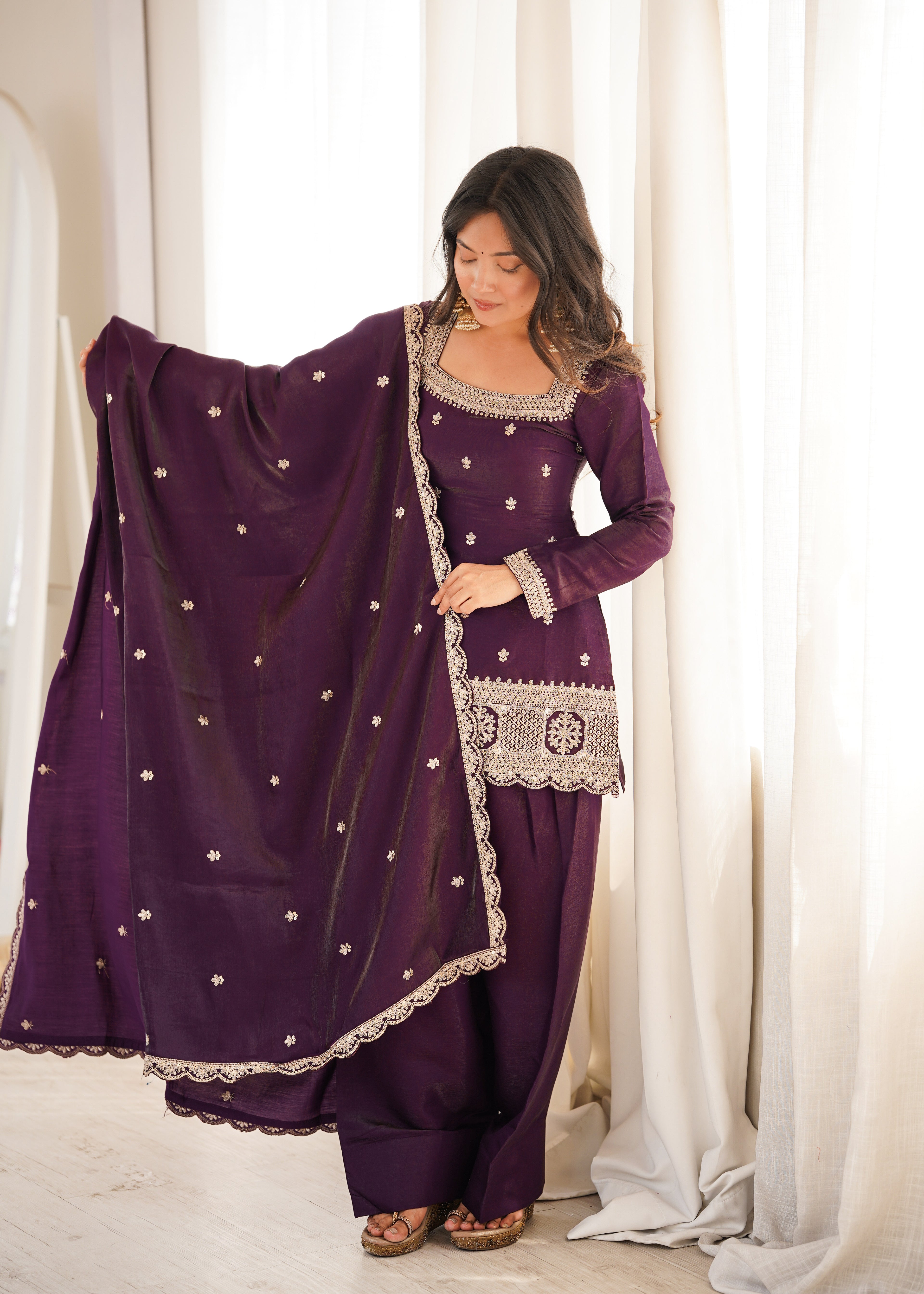 Luxury Purple Glass Roman Silk Front Yoke Embroidered Farshi Shalwar Collection
