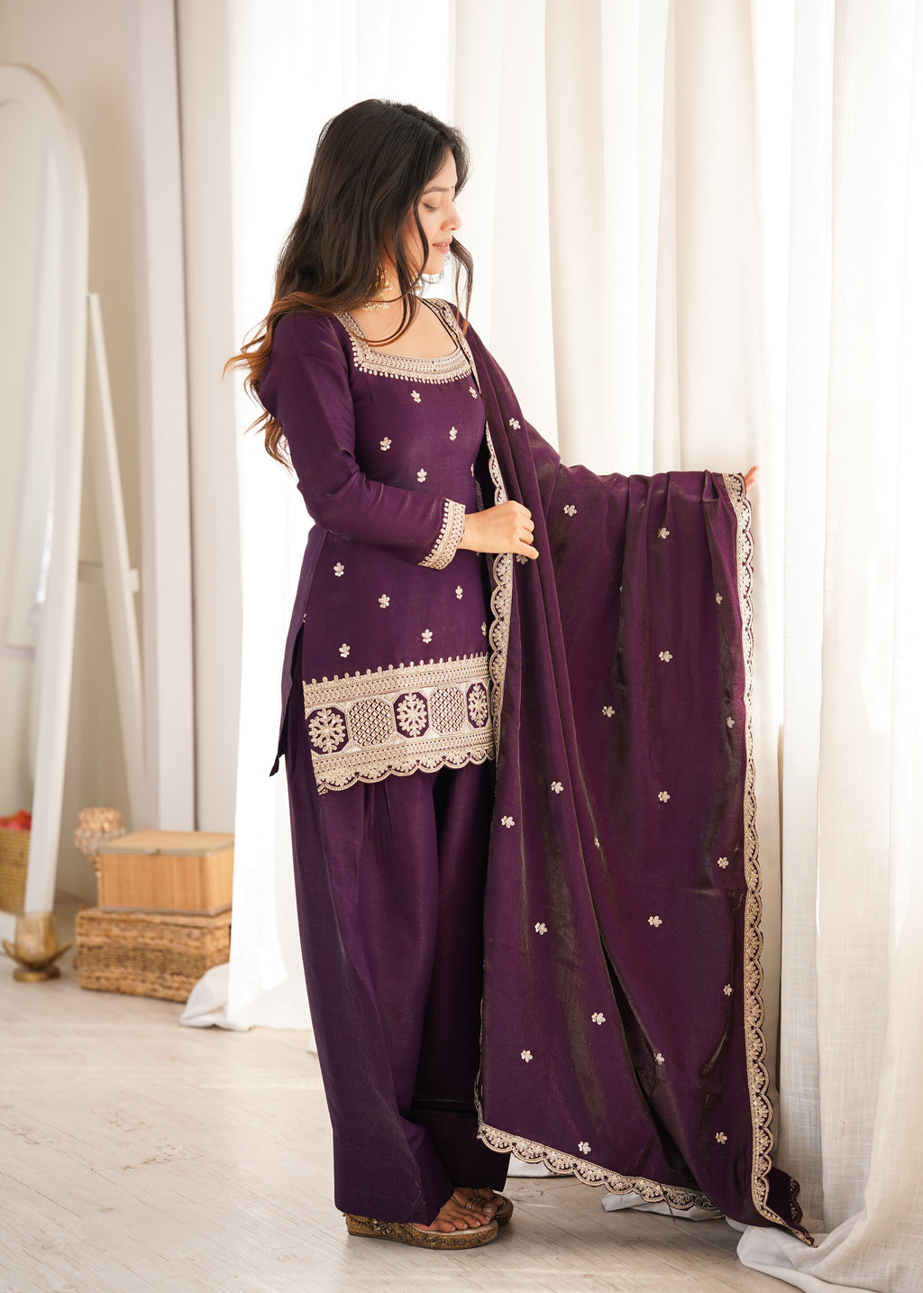 Luxury Purple Glass Roman Silk Front Yoke Embroidered Farshi Shalwar Collection
