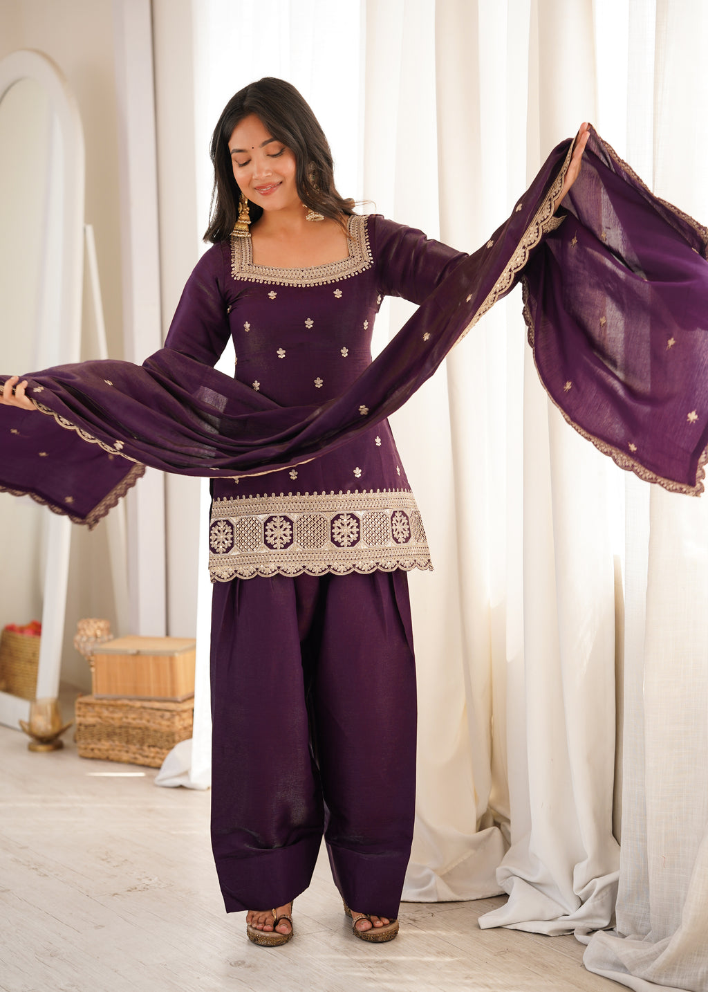 Luxury Purple Glass Roman Silk Front Yoke Embroidered Farshi Shalwar Collection
