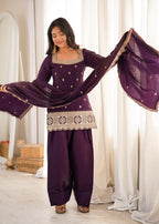 Luxury Purple Glass Roman Silk Front Yoke Embroidered Farshi Shalwar Collection
