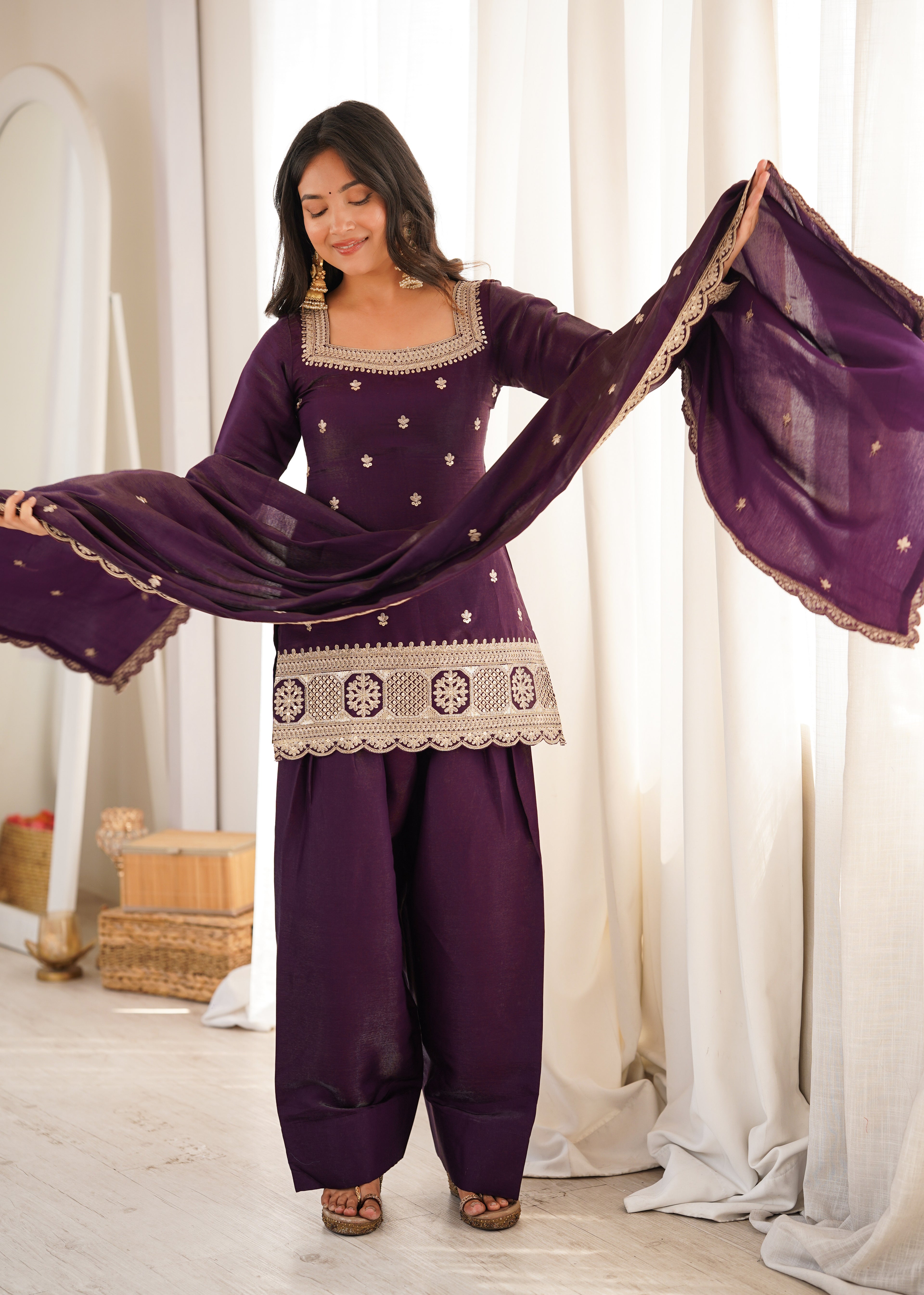 Luxury Purple Glass Roman Silk Front Yoke Embroidered Farshi Shalwar Collection
