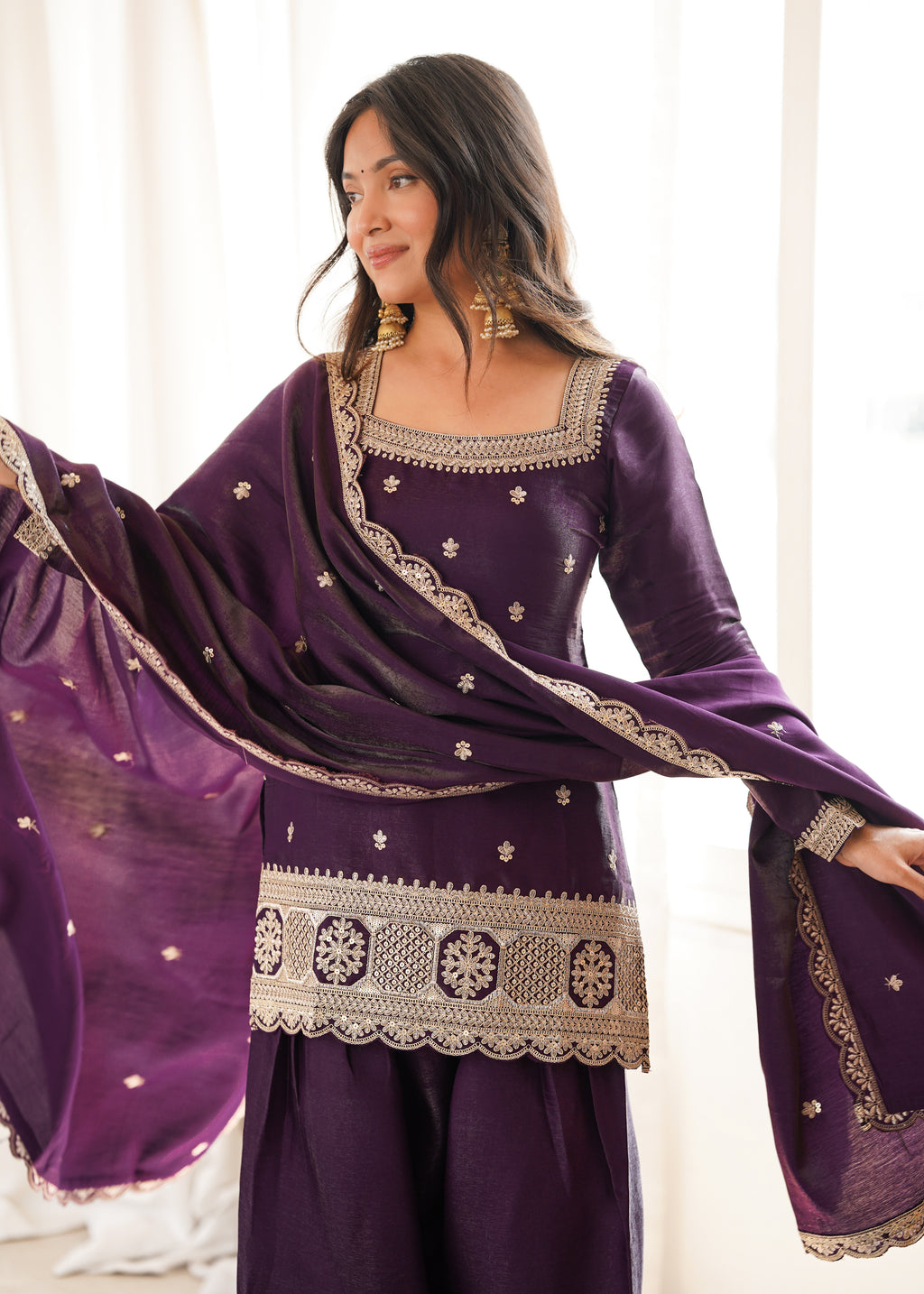 Luxury Purple Glass Roman Silk Front Yoke Embroidered Farshi Shalwar Collection
