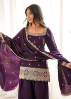 Luxury Purple Glass Roman Silk Front Yoke Embroidered Farshi Shalwar Collection
