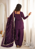 Luxury Purple Glass Roman Silk Front Yoke Embroidered Farshi Shalwar Collection
