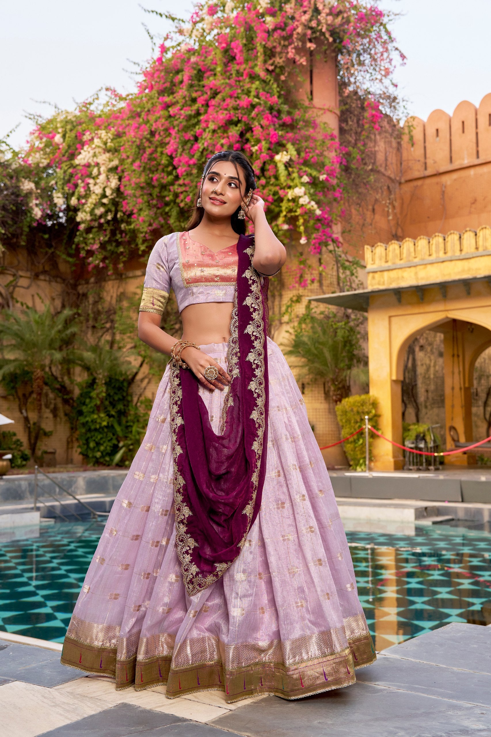 Light Purple Slub Kota Jacquard Border Lehenga Choli for Festive Wear
