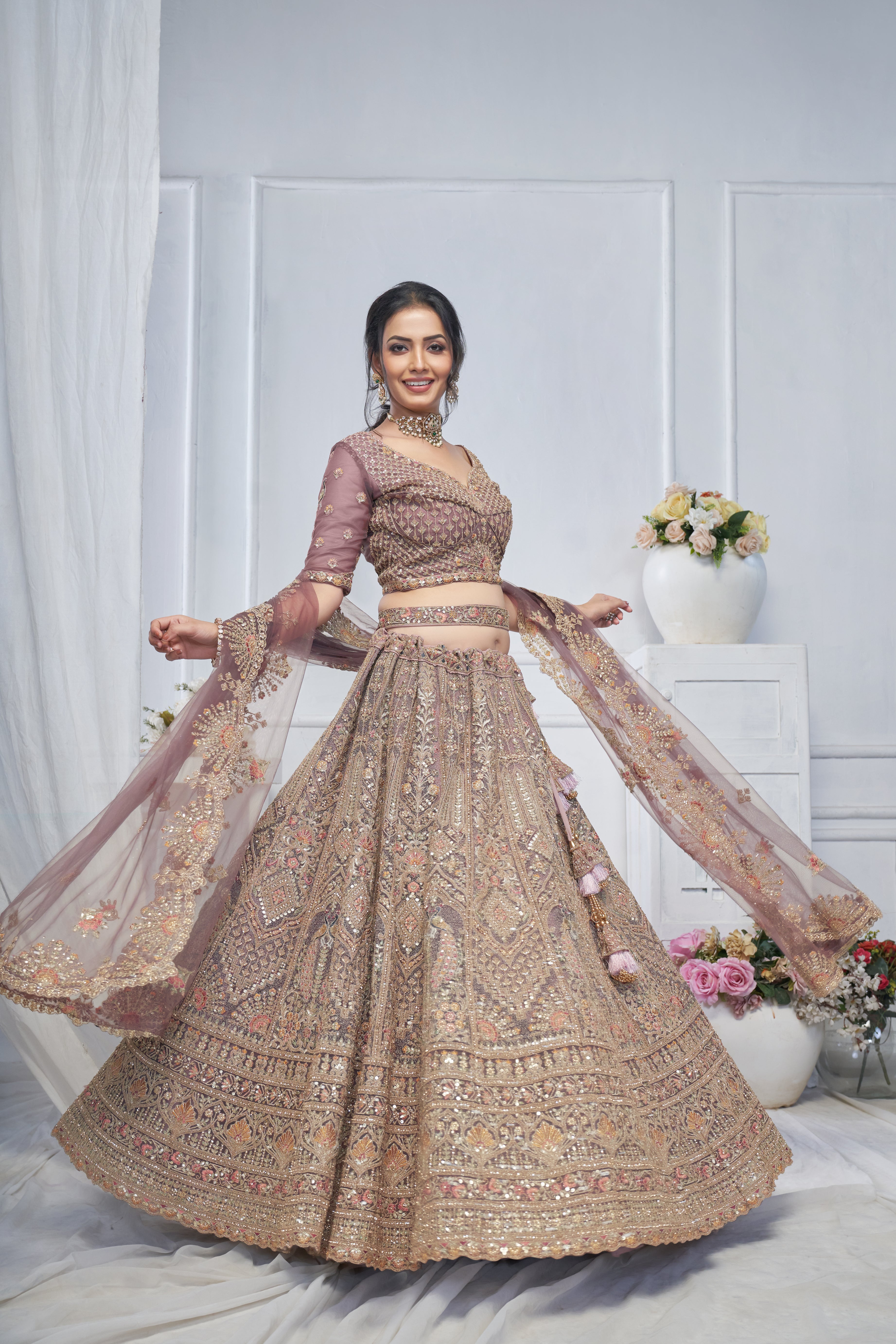 Royal Purple Soft Net Lehenga with Peacock & Paisley Embroidery
