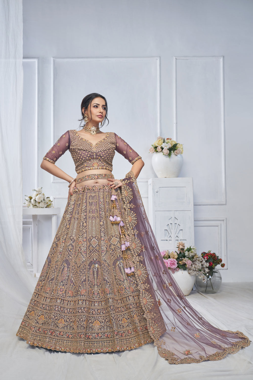 Royal Purple Soft Net Lehenga with Peacock & Paisley Embroidery