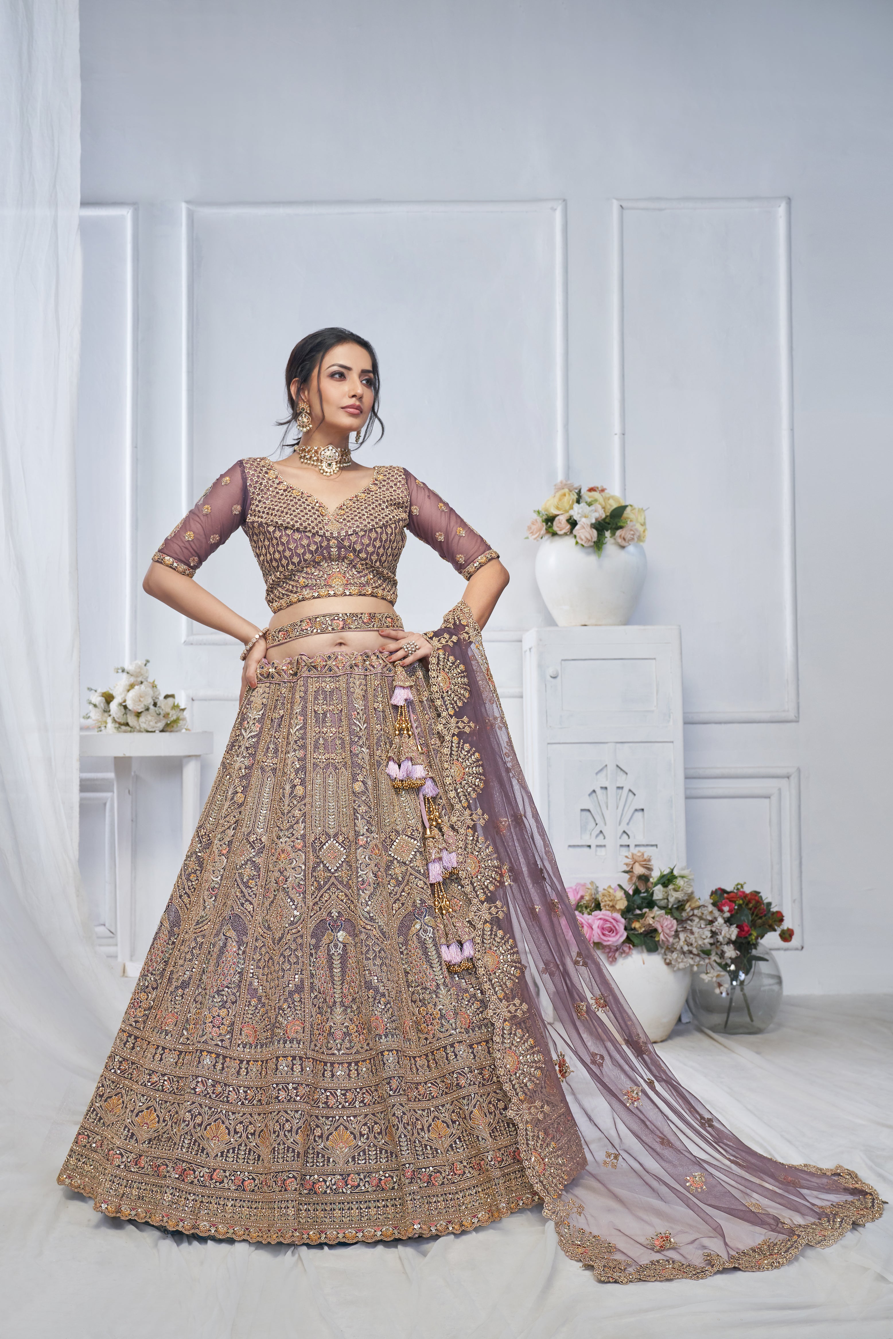 Royal Purple Soft Net Lehenga with Peacock & Paisley Embroidery