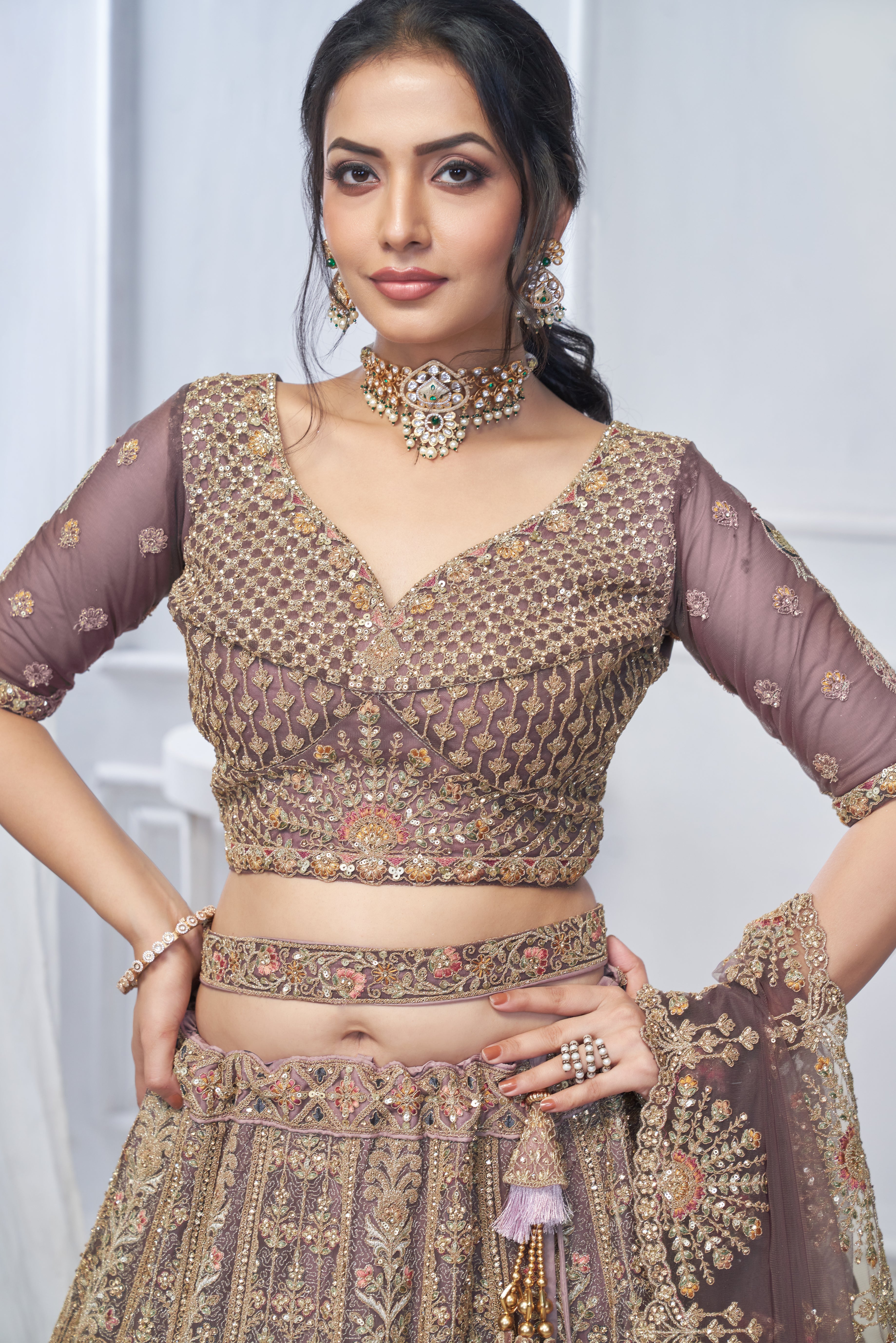 Royal Purple Soft Net Lehenga with Peacock & Paisley Embroidery