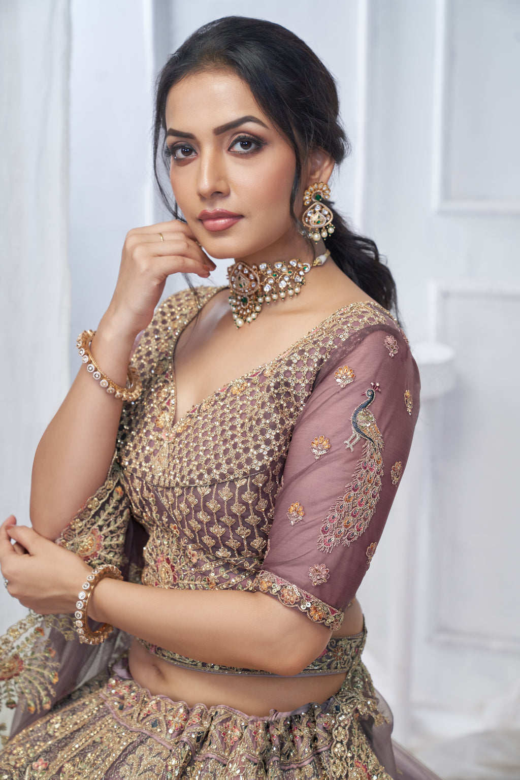 Royal Purple Soft Net Lehenga with Peacock & Paisley Embroidery