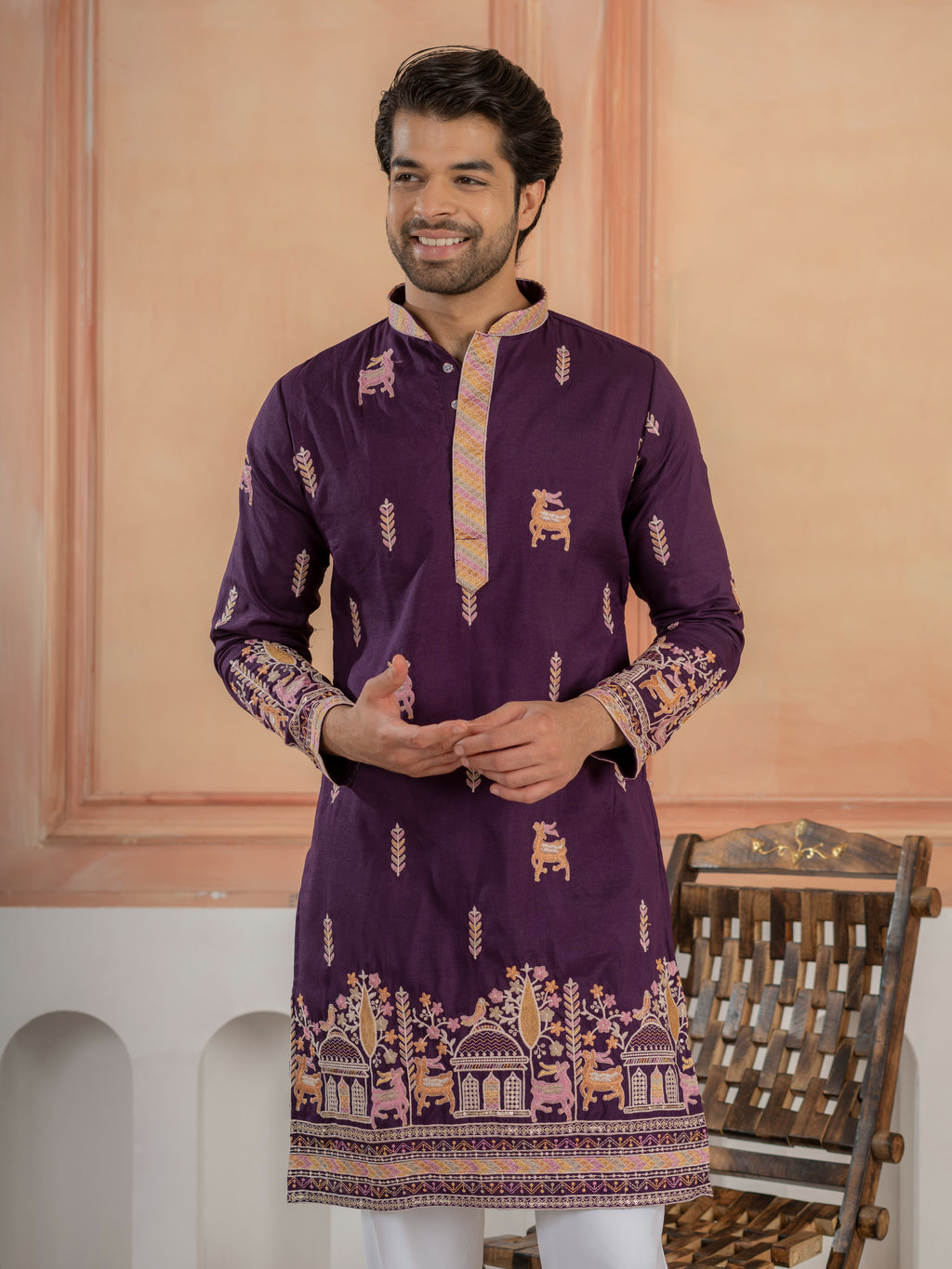 Ethnic Purple Soft Silk Multi Thread Embroidery Kurta Set
