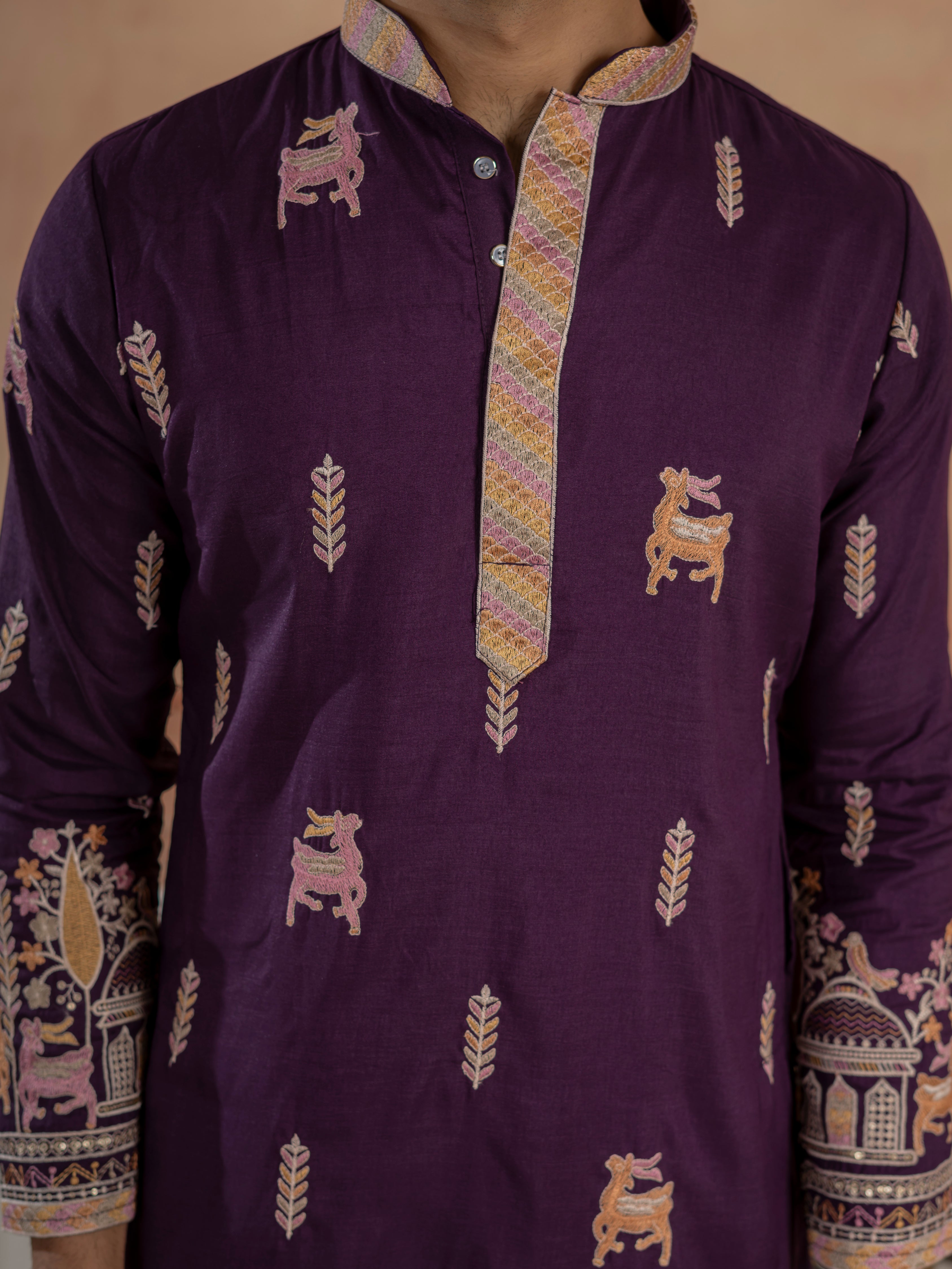 Ethnic Purple Soft Silk Multi Thread Embroidery Kurta Set
