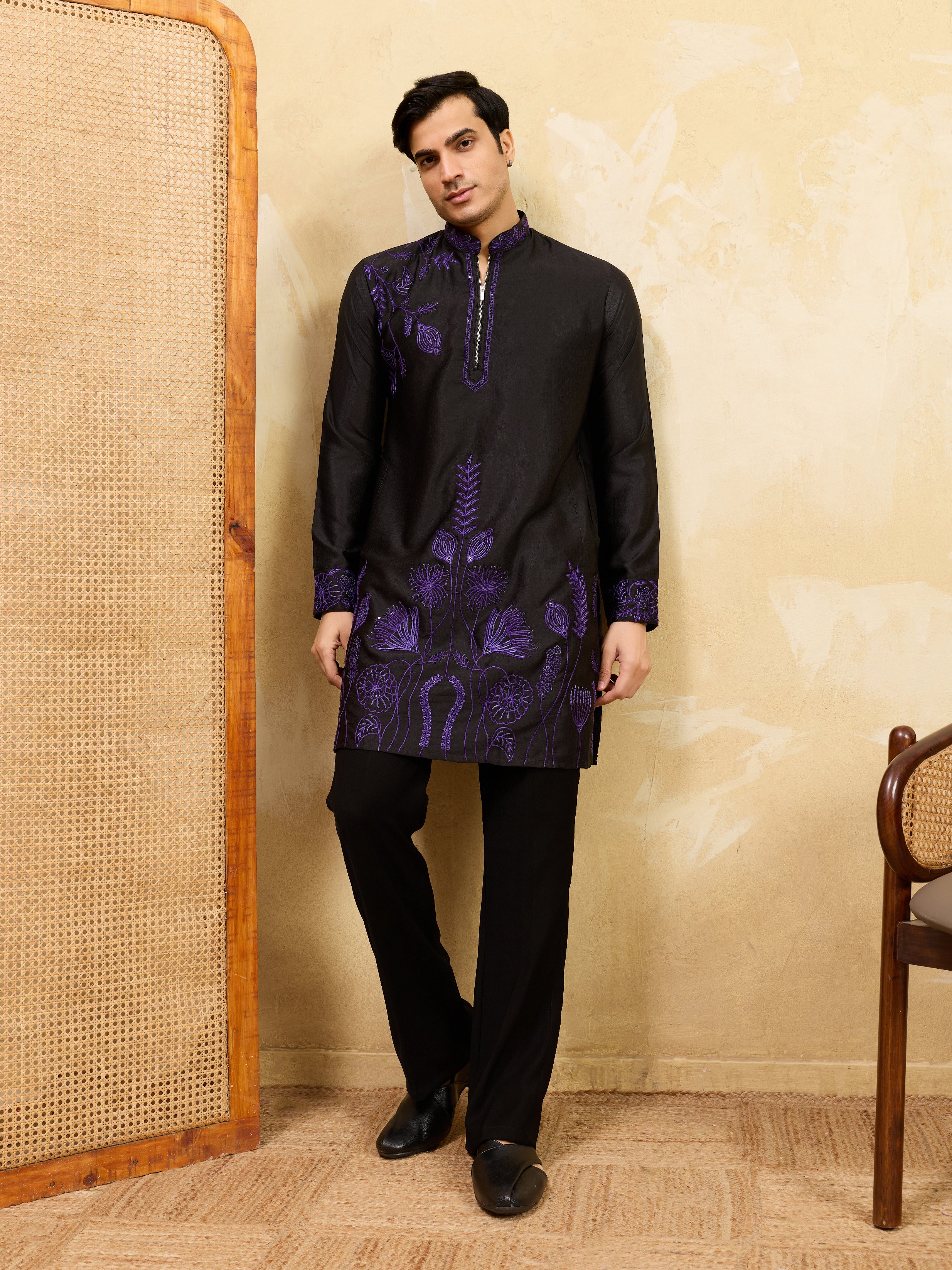 Royal Khadi Silk Kurta With Purple Thread Work
