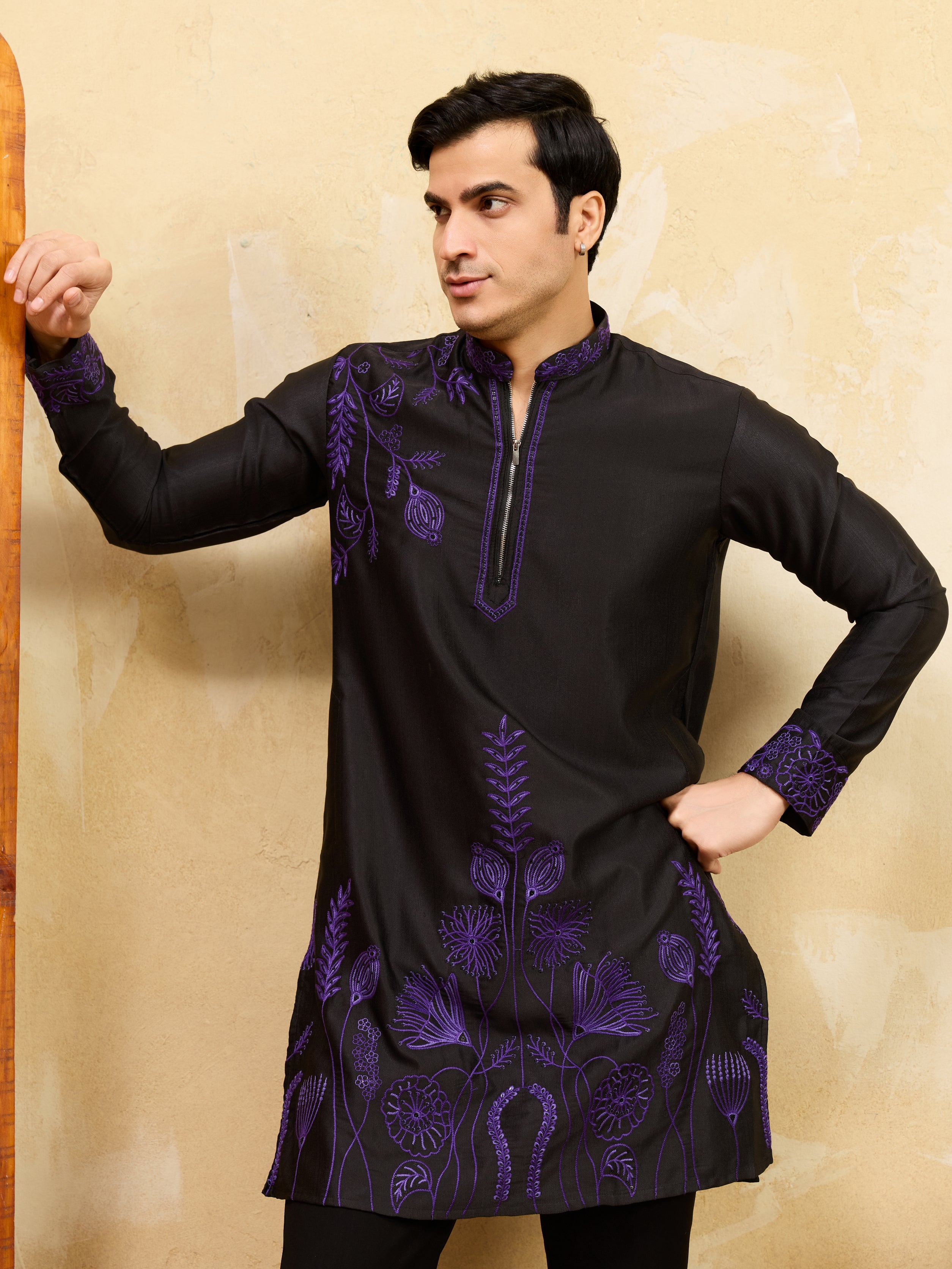 Royal Khadi Silk Kurta With Purple Thread Work
