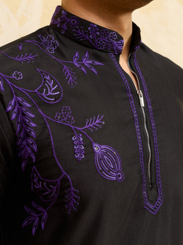 Royal Khadi Silk Kurta With Purple Thread Work
