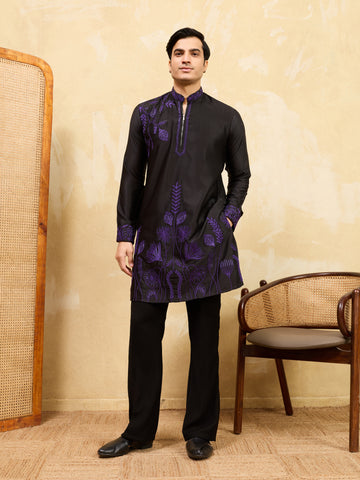 Royal Khadi Silk Kurta With Purple Thread Work
