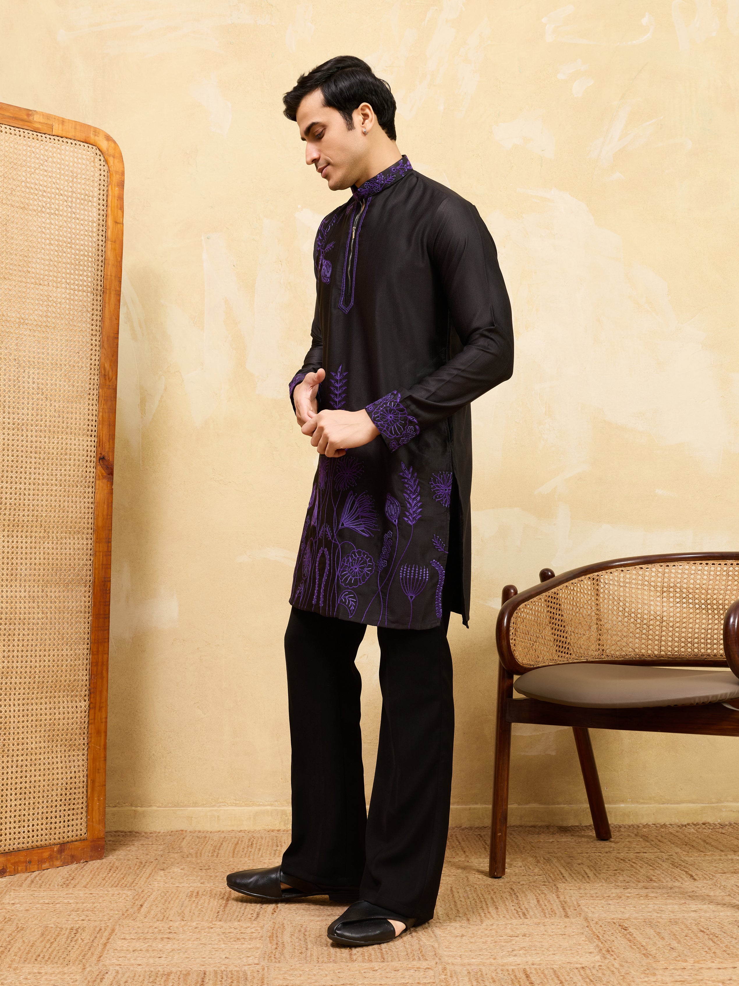 Royal Khadi Silk Kurta With Purple Thread Work
