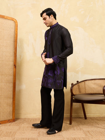 Royal Khadi Silk Kurta With Purple Thread Work
